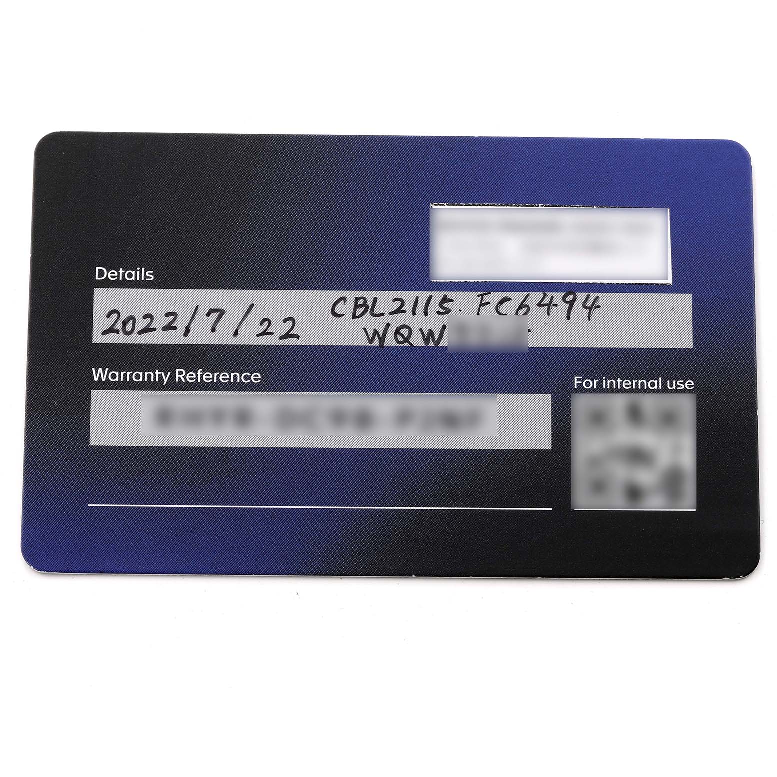 This image shows the warranty card for the Tag Heuer Monaco CBL2115.FC6494 Men's Stainless Steel Blue Dial CBL2115.FC6494 Men's Stainless Steel Blue Dial model watch, indicating details including the date, model number, and warranty reference.