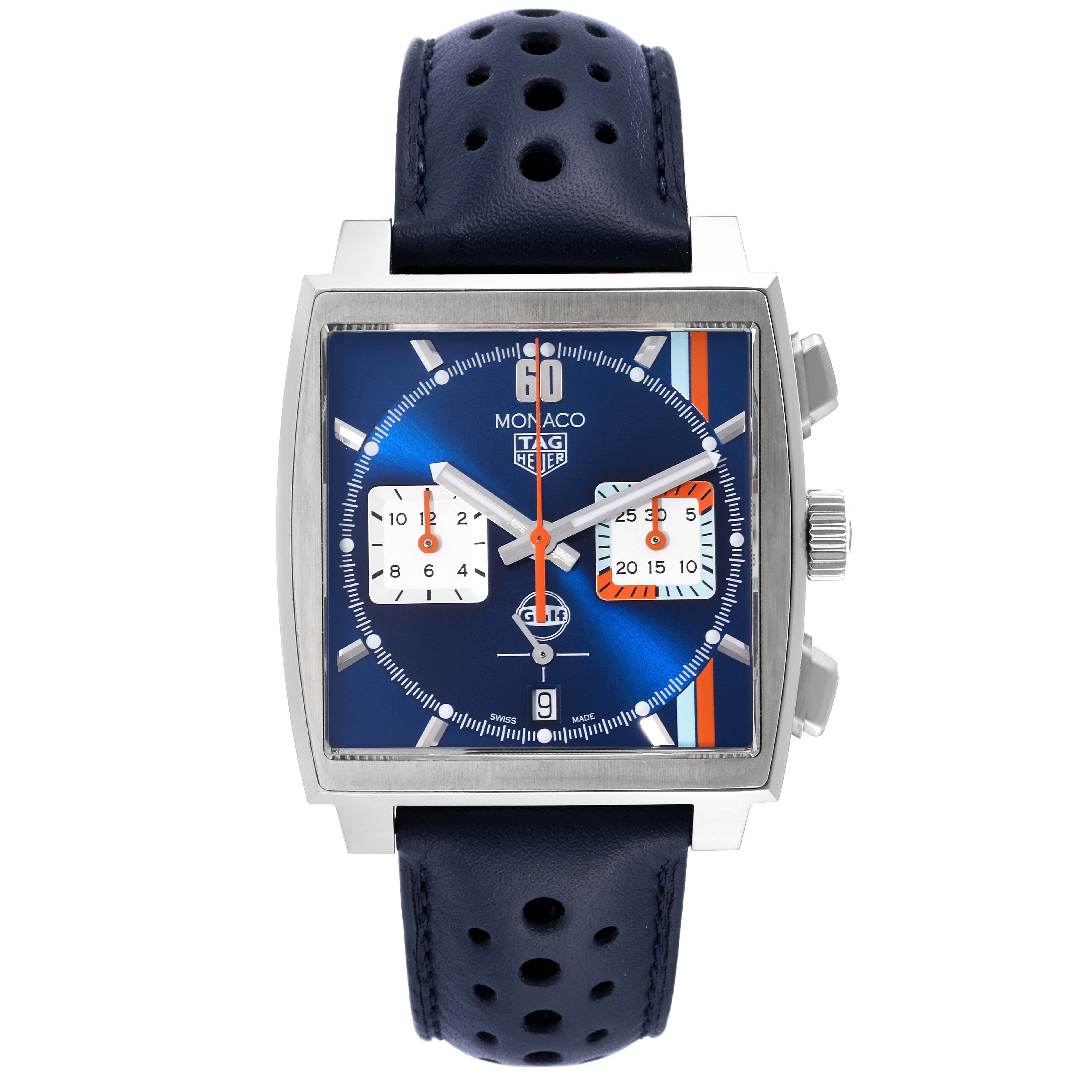 This image shows a front view of the Tag Heuer Monaco CBL2115.FC6494 Men's Stainless Steel Blue Dial CBL2115.FC6494 Men's Stainless Steel Blue Dial watch, featuring a square blue dial and a perforated blue strap.