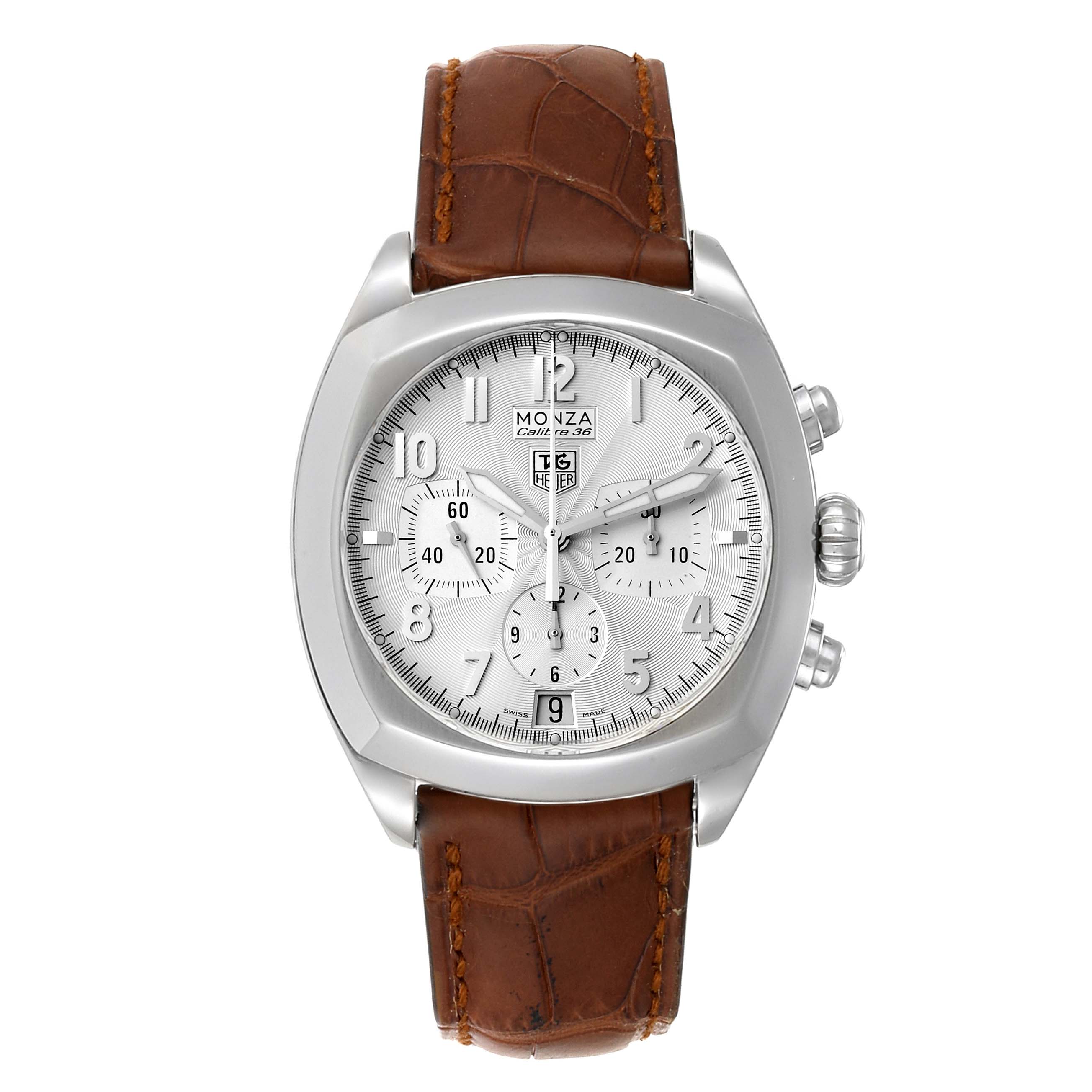The watch is a Tag Heuer Monza CR5111.FC6176 Men's Stainless Steel Silver Dial CR5111.FC6176 Men's Stainless Steel Silver Dial model, shown from a front angle displaying its dial, case, and brown strap.