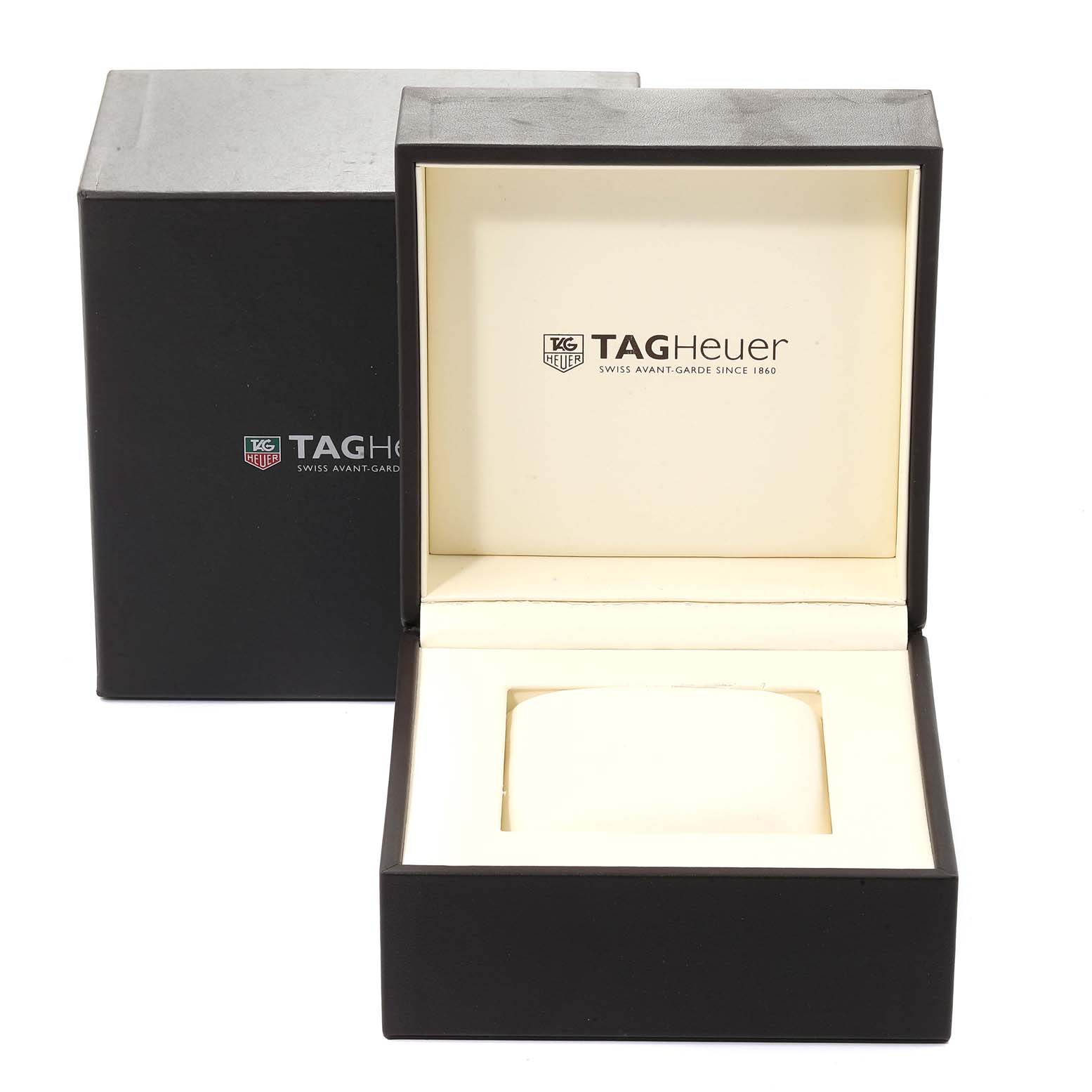 The image shows an open Tag Heuer Monza CR5111.FC6176 Men's Stainless Steel Silver Dial CR5111.FC6176 Men's Stainless Steel Silver Dial watch box with the inner cushion and branding visible.