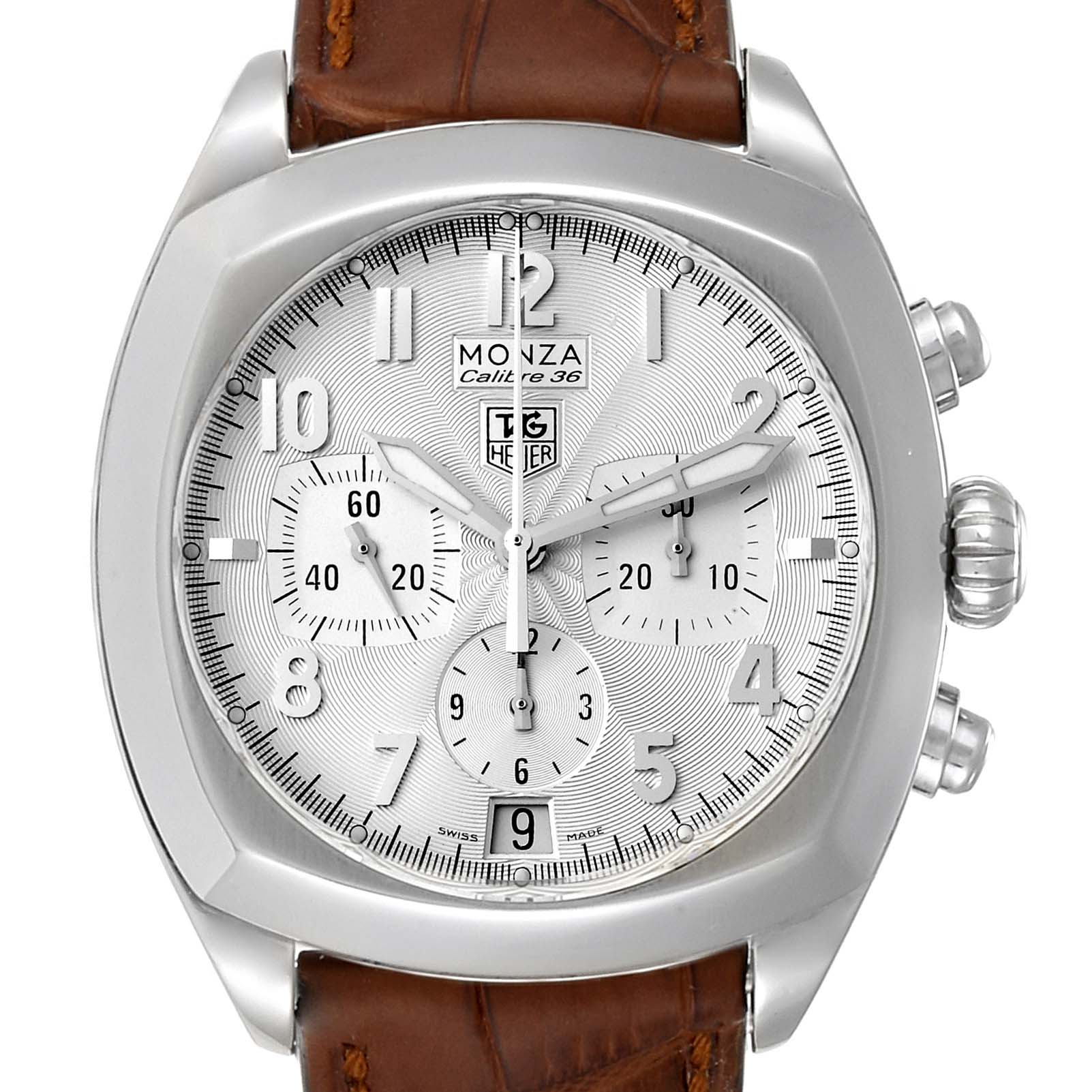 The Tag Heuer Monza CR5111.FC6176 Men's Stainless Steel Silver Dial CR5111.FC6176 Men's Stainless Steel Silver Dial watch is shown from the front, highlighting its dial, chronograph subdials, bezel, and leather strap.