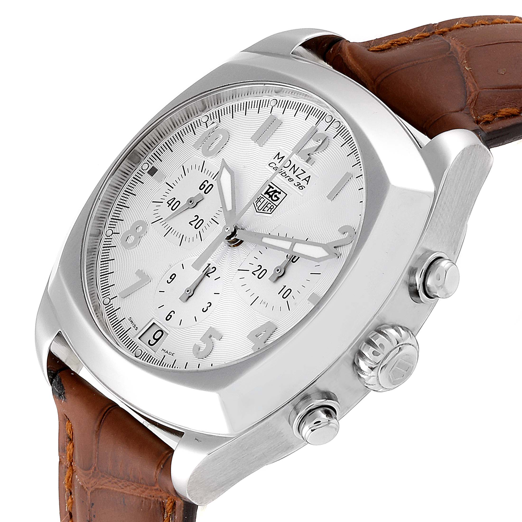 The image shows a Tag Heuer Monza CR5111.FC6176 Men's Stainless Steel Silver Dial CR5111.FC6176 Men's Stainless Steel Silver Dial watch at an angled view, highlighting the face, chronograph dials, and side crowns.