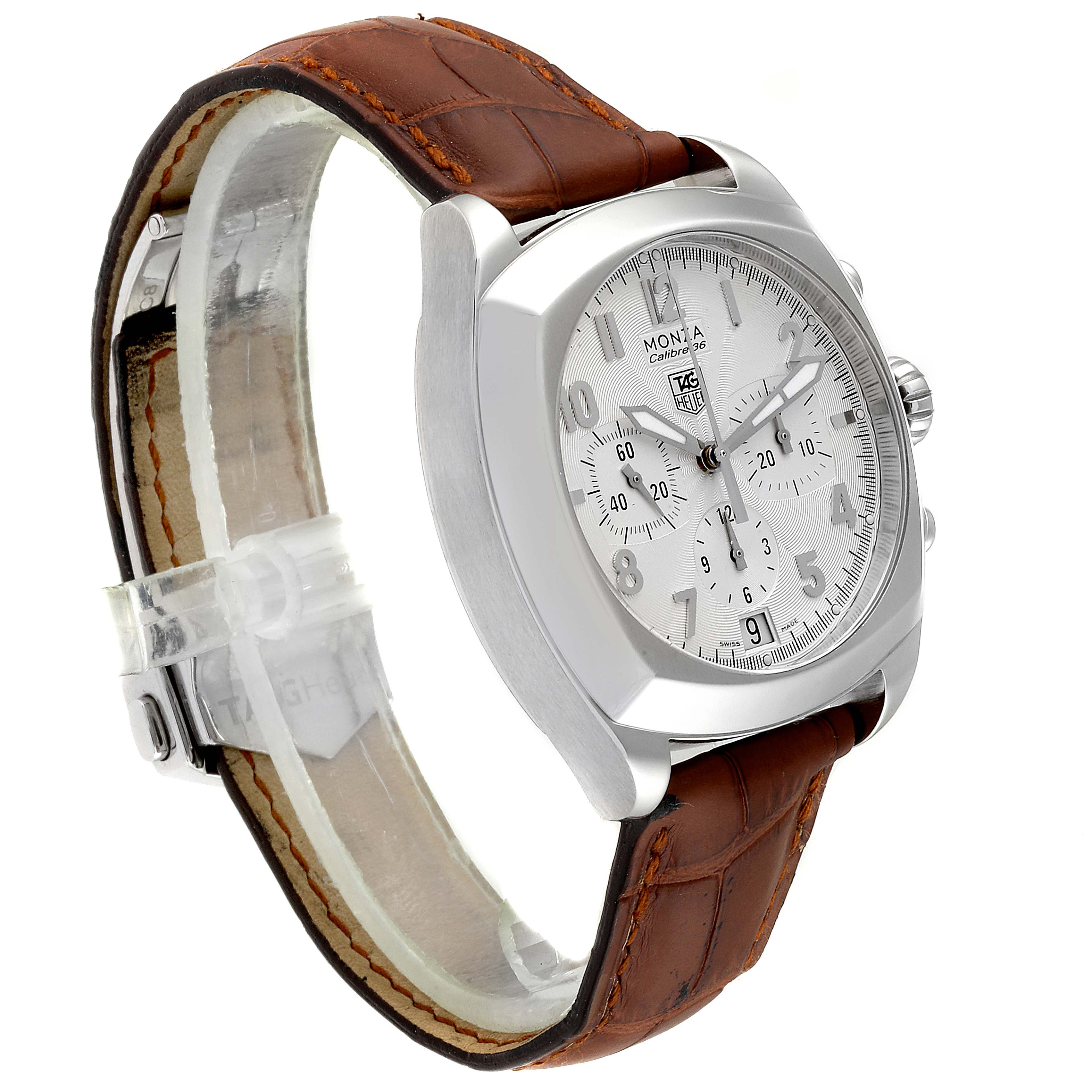The image shows a side and front angled view of the Tag Heuer Monza CR5111.FC6176 Men's Stainless Steel Silver Dial CR5111.FC6176 Men's Stainless Steel Silver Dial watch, featuring its dial, case, and brown leather strap.