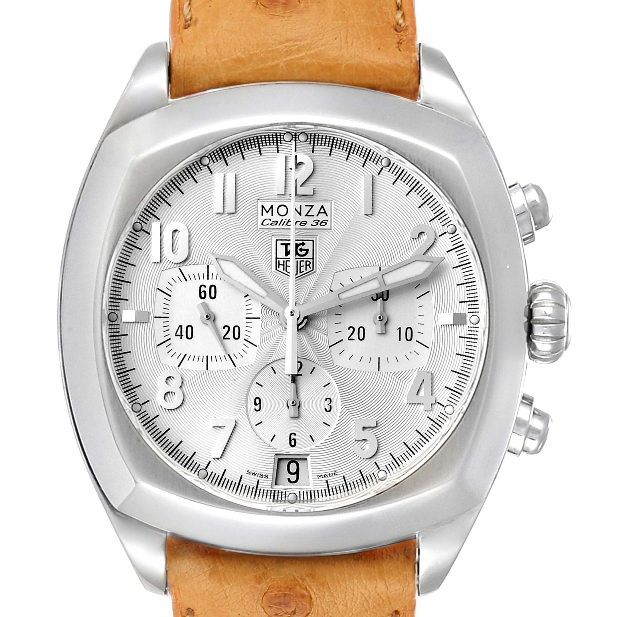 The image shows a frontal view of the Tag Heuer Monza CR5111.FC6176 Men's Stainless Steel Silver Dial CR5111.FC6176 Men's Stainless Steel Silver Dial watch, featuring its face, hands, subdials, and leather strap.