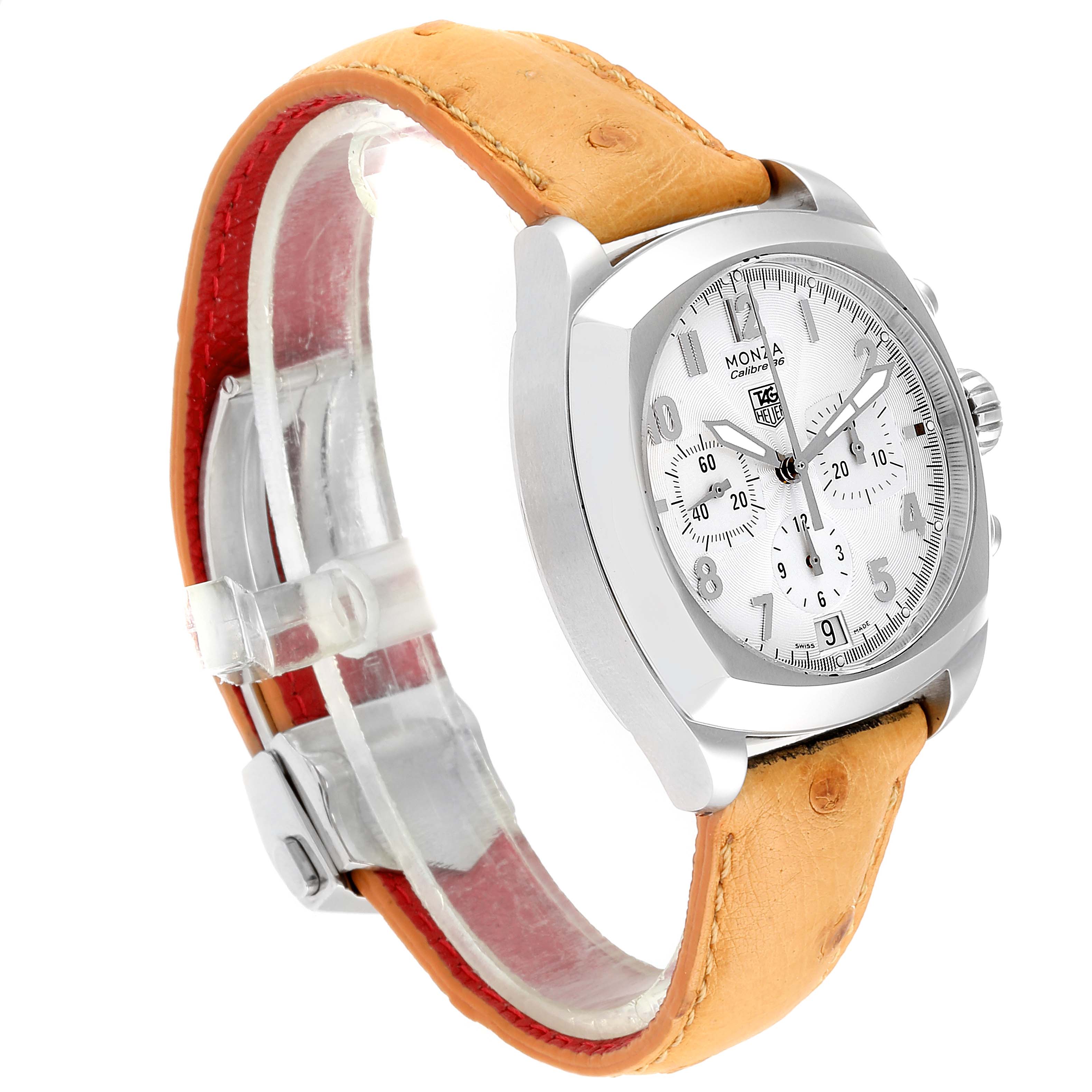 The image shows a Tag Heuer Monza CR5111.FC6176 Men's Stainless Steel Silver Dial CR5111.FC6176 Men's Stainless Steel Silver Dial watch at a three-quarter angle, displaying its face, crown, pushers, and light brown leather strap.