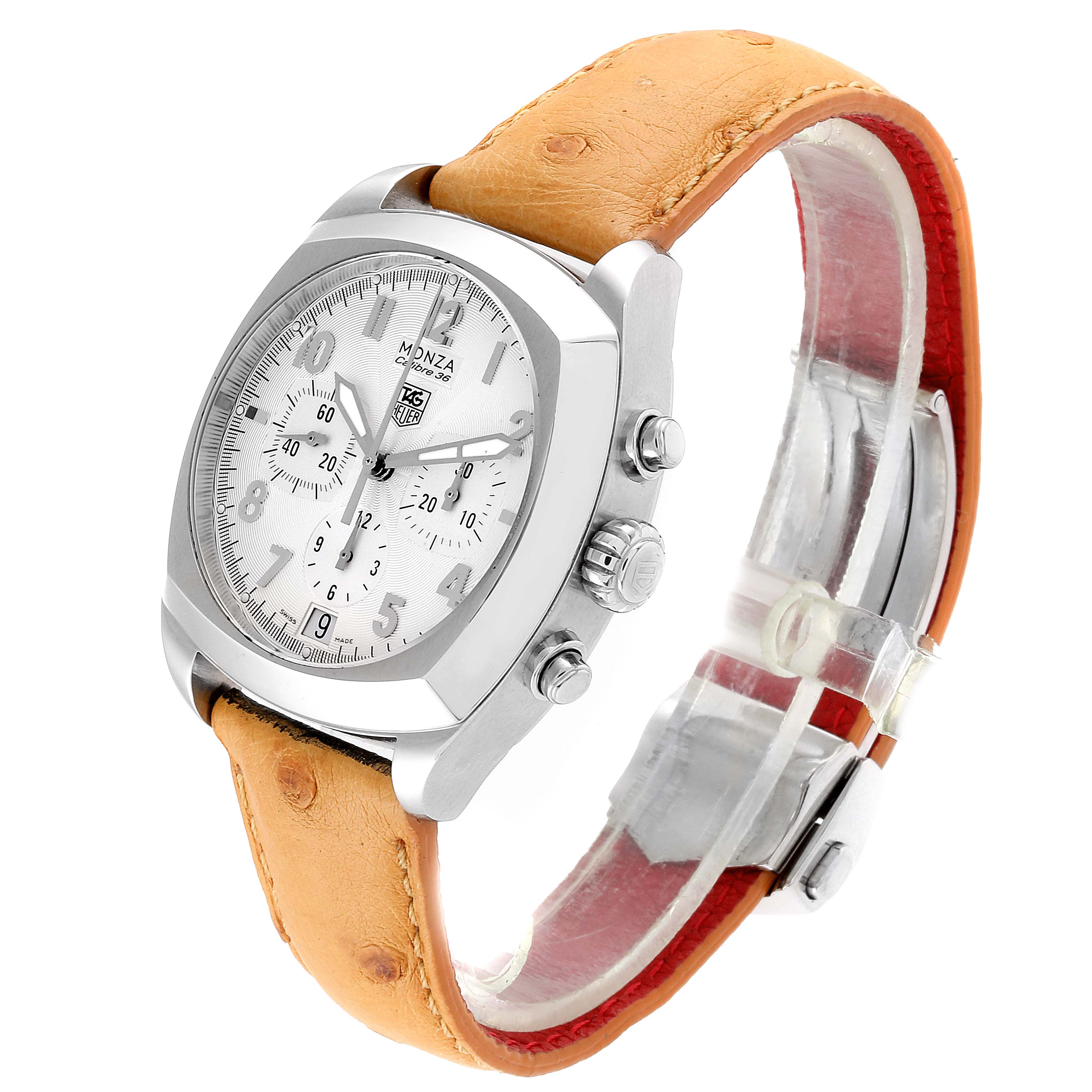 This image shows a Tag Heuer Monza CR5111.FC6176 Men's Stainless Steel Silver Dial CR5111.FC6176 Men's Stainless Steel Silver Dial watch at an oblique angle, displaying its face, case, side pushers, and leather strap.