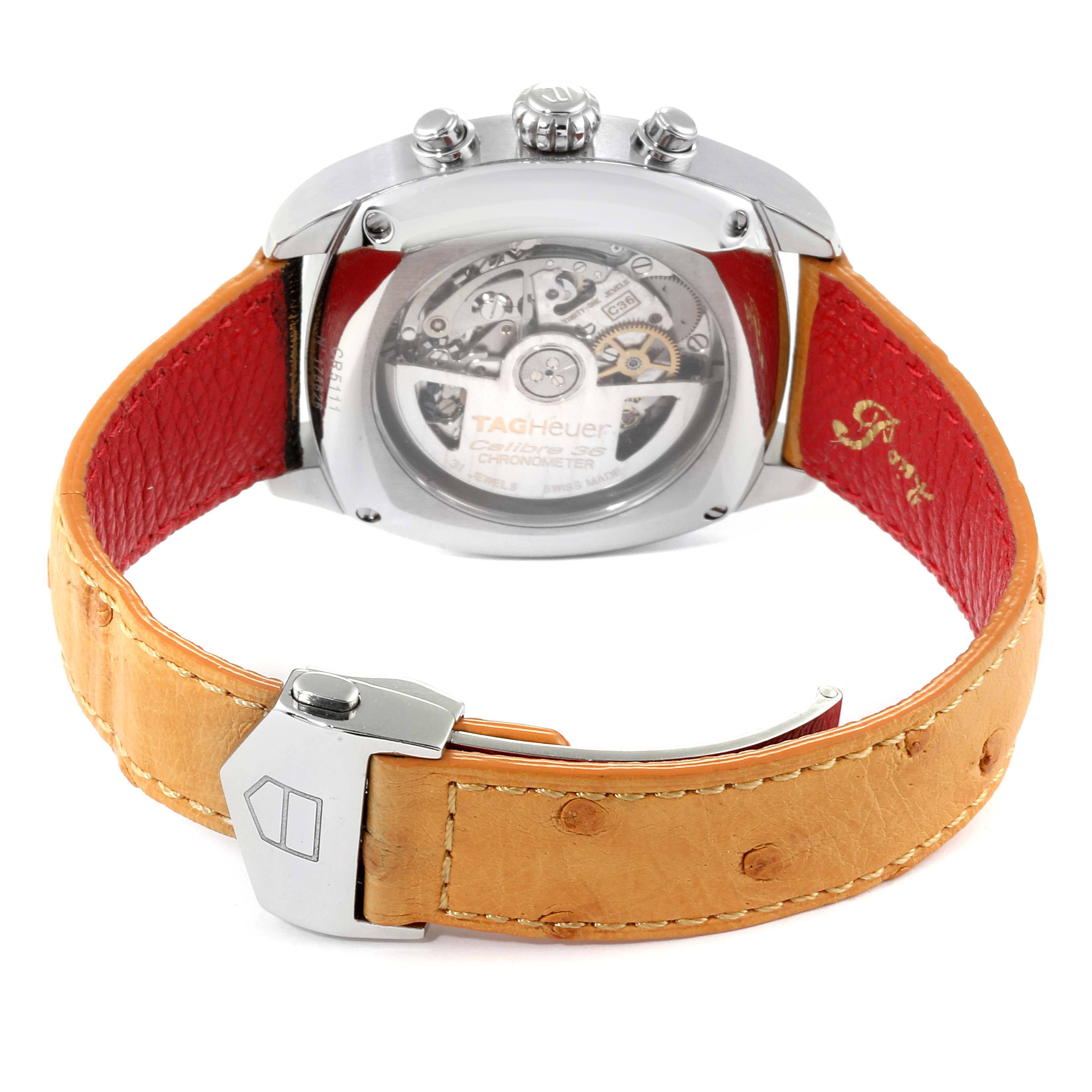 The image shows the back view of a Tag Heuer Monza CR5111.FC6176 Men's Stainless Steel Silver Dial CR5111.FC6176 Men's Stainless Steel Silver Dial watch, featuring its open case back and leather strap.