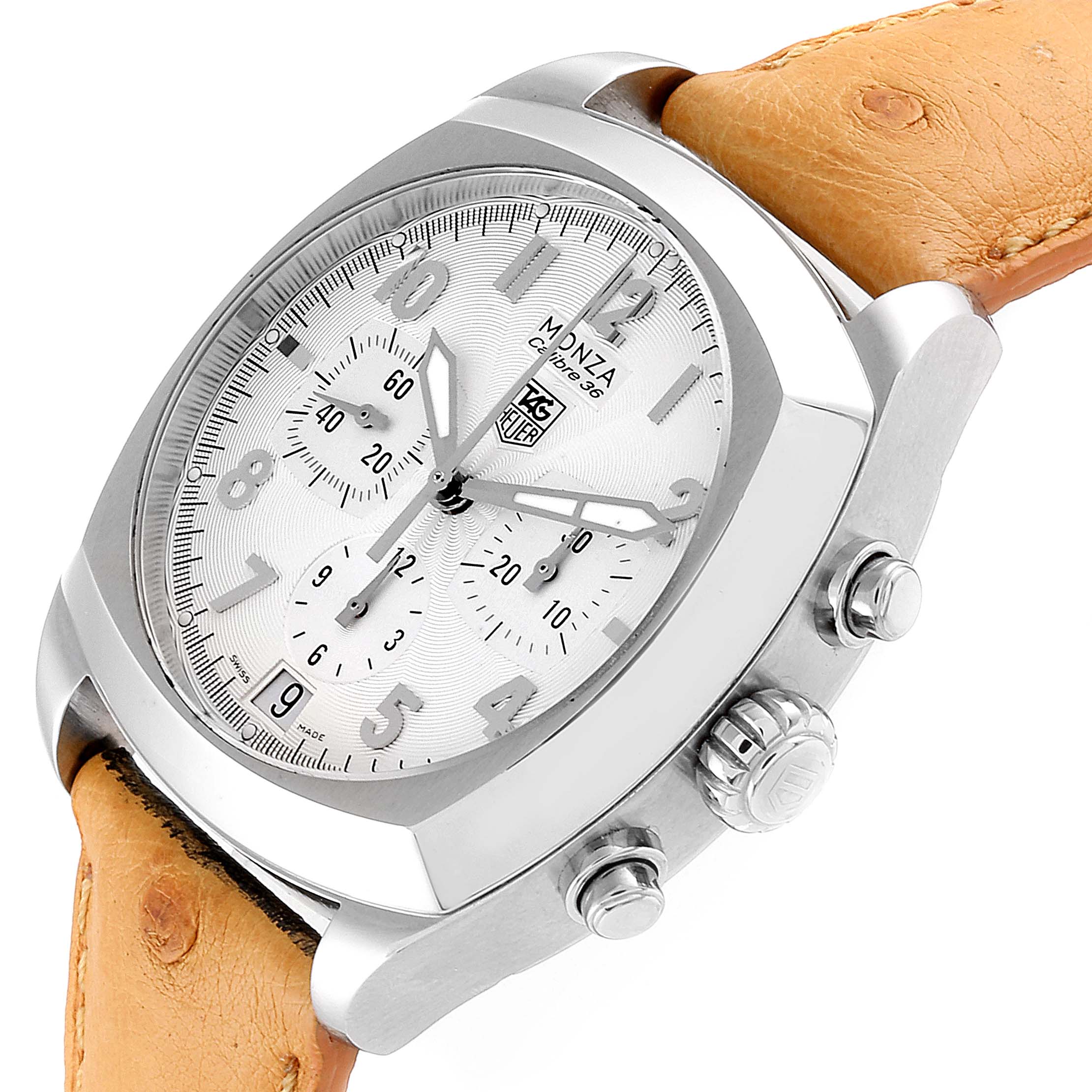 The image shows a Tag Heuer Monza CR5111.FC6176 Men's Stainless Steel Silver Dial CR5111.FC6176 Men's Stainless Steel Silver Dial watch, angled to display the face, crown, and pushers on its right side.