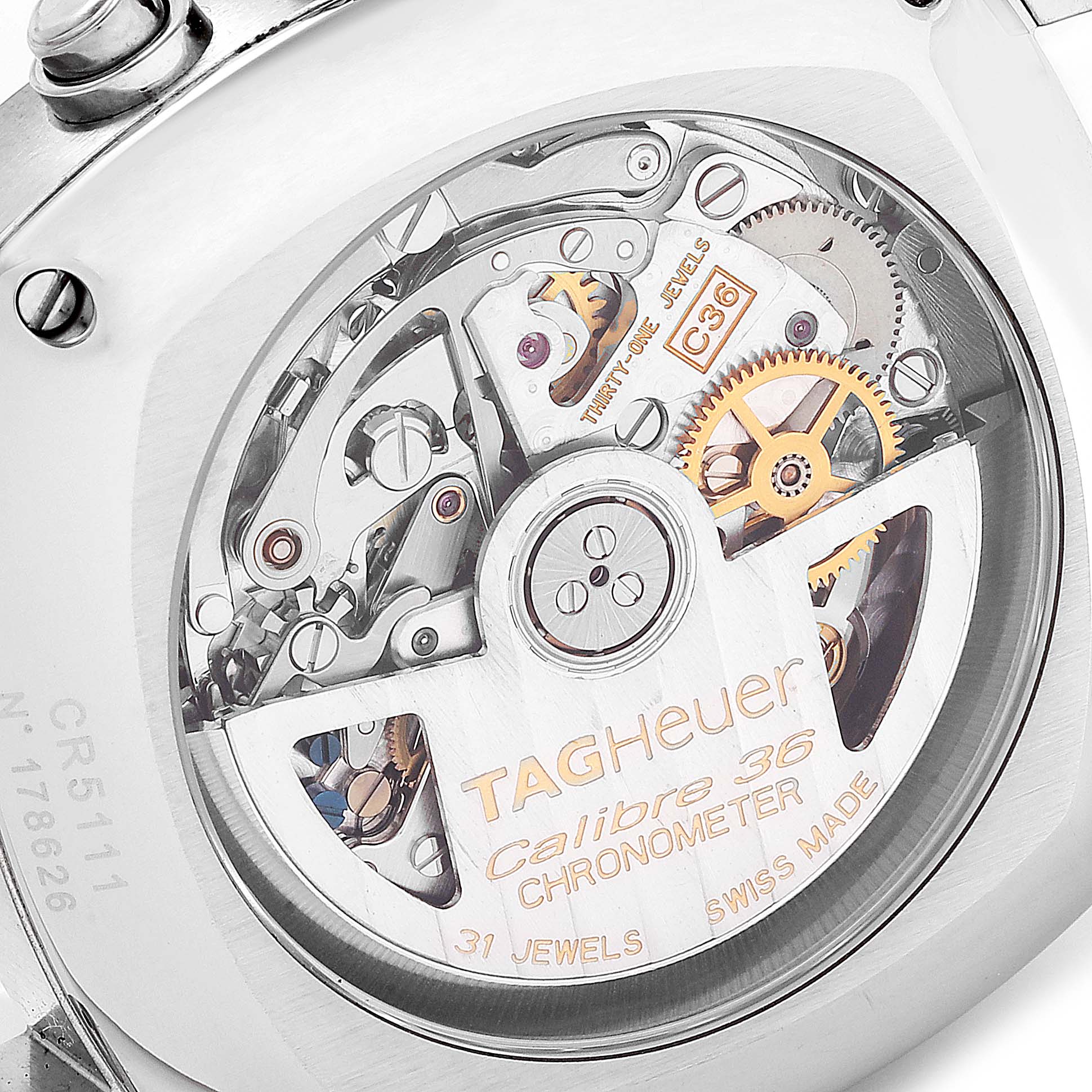 This image shows the back view of the Tag Heuer Monza CR5111.FC6176 Men's Stainless Steel Silver Dial CR5111.FC6176 Men's Stainless Steel Silver Dial watch, revealing its Calibre 36 movement.