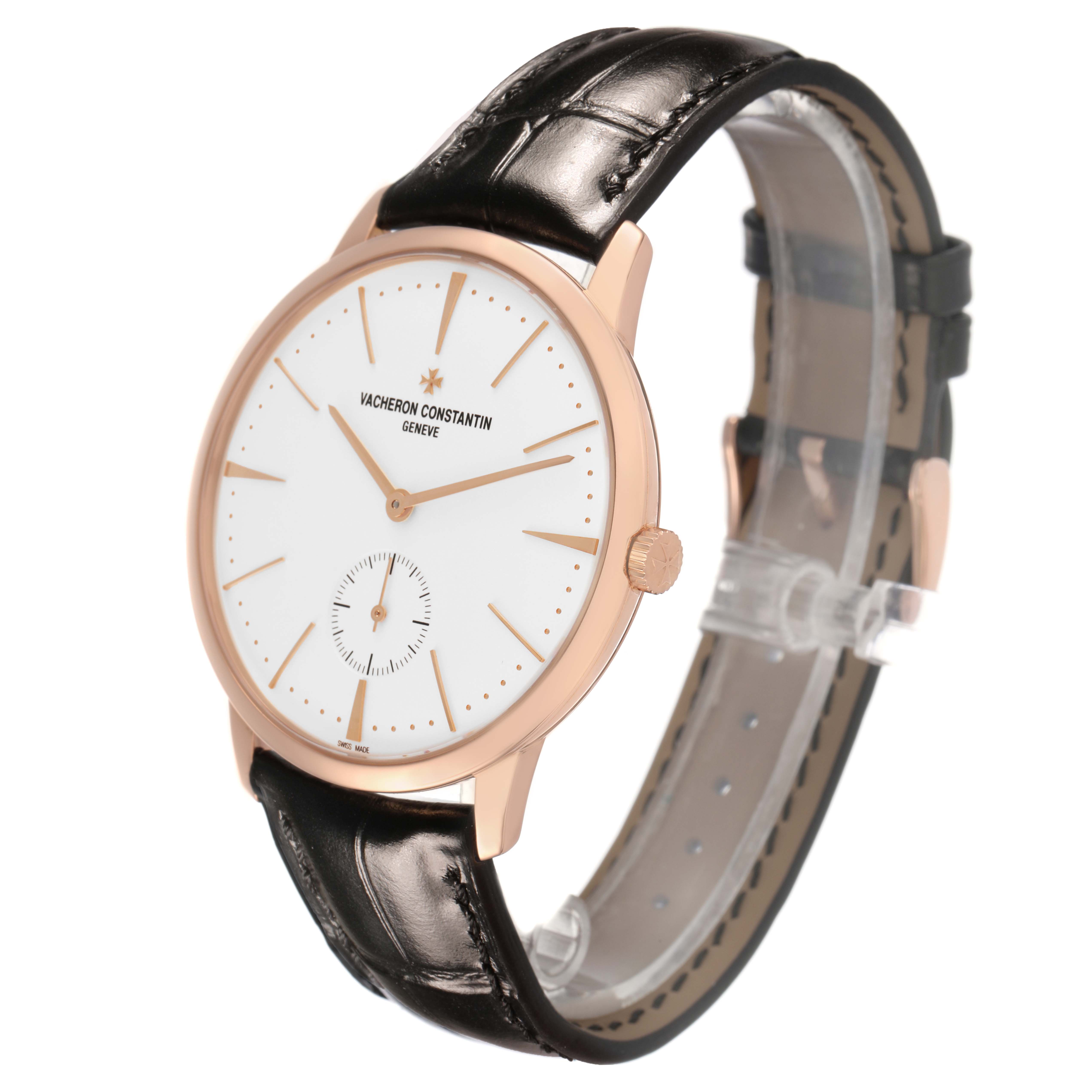 The Vacheron Constantin Patrimony 1110U/000R Men's Rose Gold Silver Dial watch is shown at a three-quarter angle, highlighting the dial, case, crown, and strap.