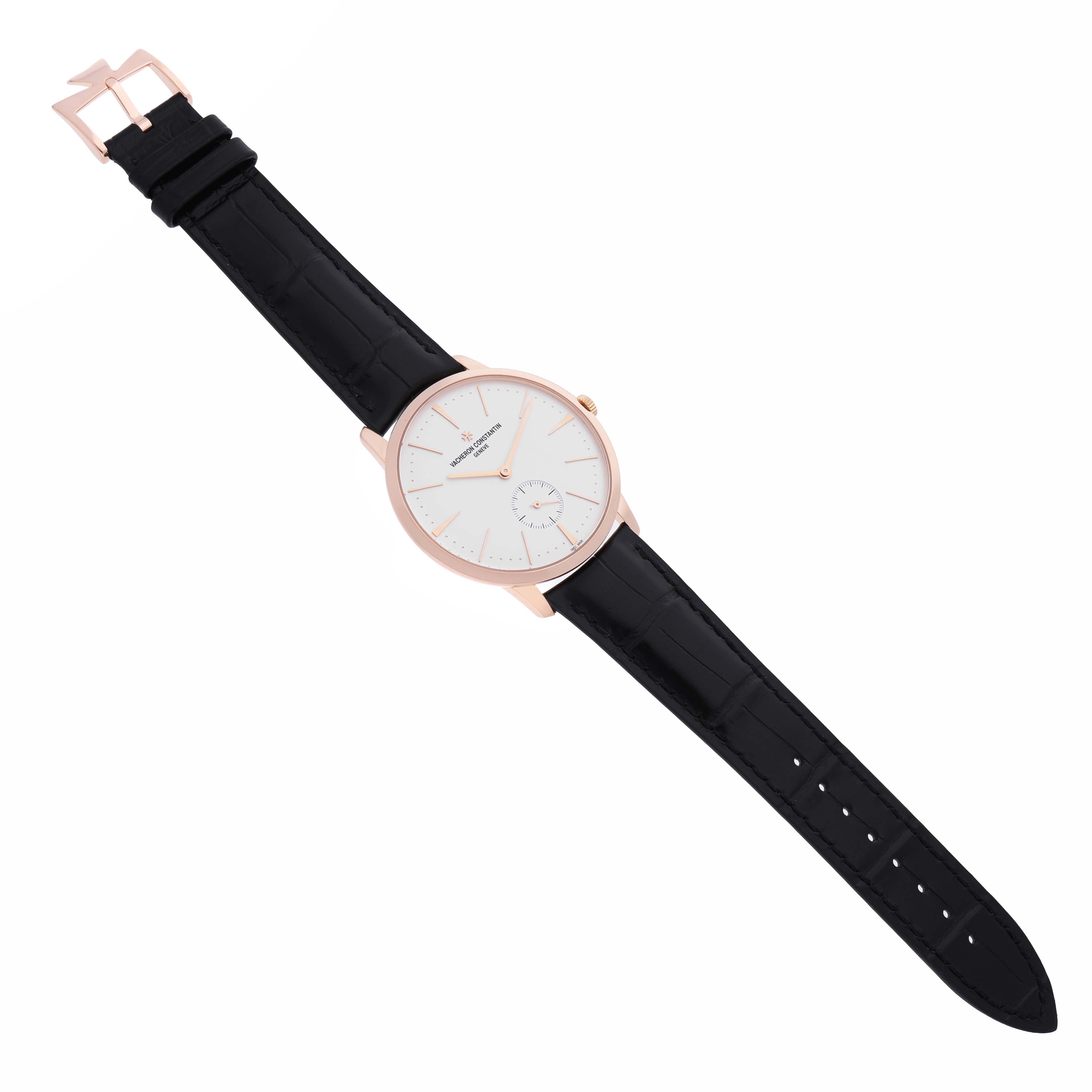 The Vacheron Constantin Patrimony 1110U/000R Men's Rose Gold Silver Dial watch is shown at a top-down angle, displaying the full dial, case, and leather strap.