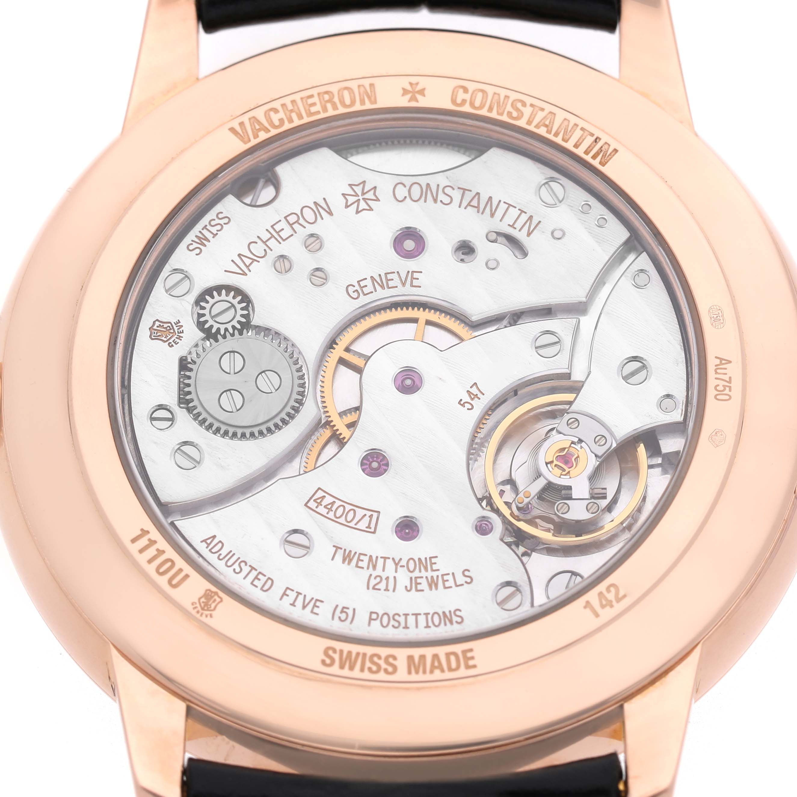 The image shows the open case back of a Vacheron Constantin Patrimony 1110U/000R Men's Rose Gold Silver Dial, revealing its intricate movement details.