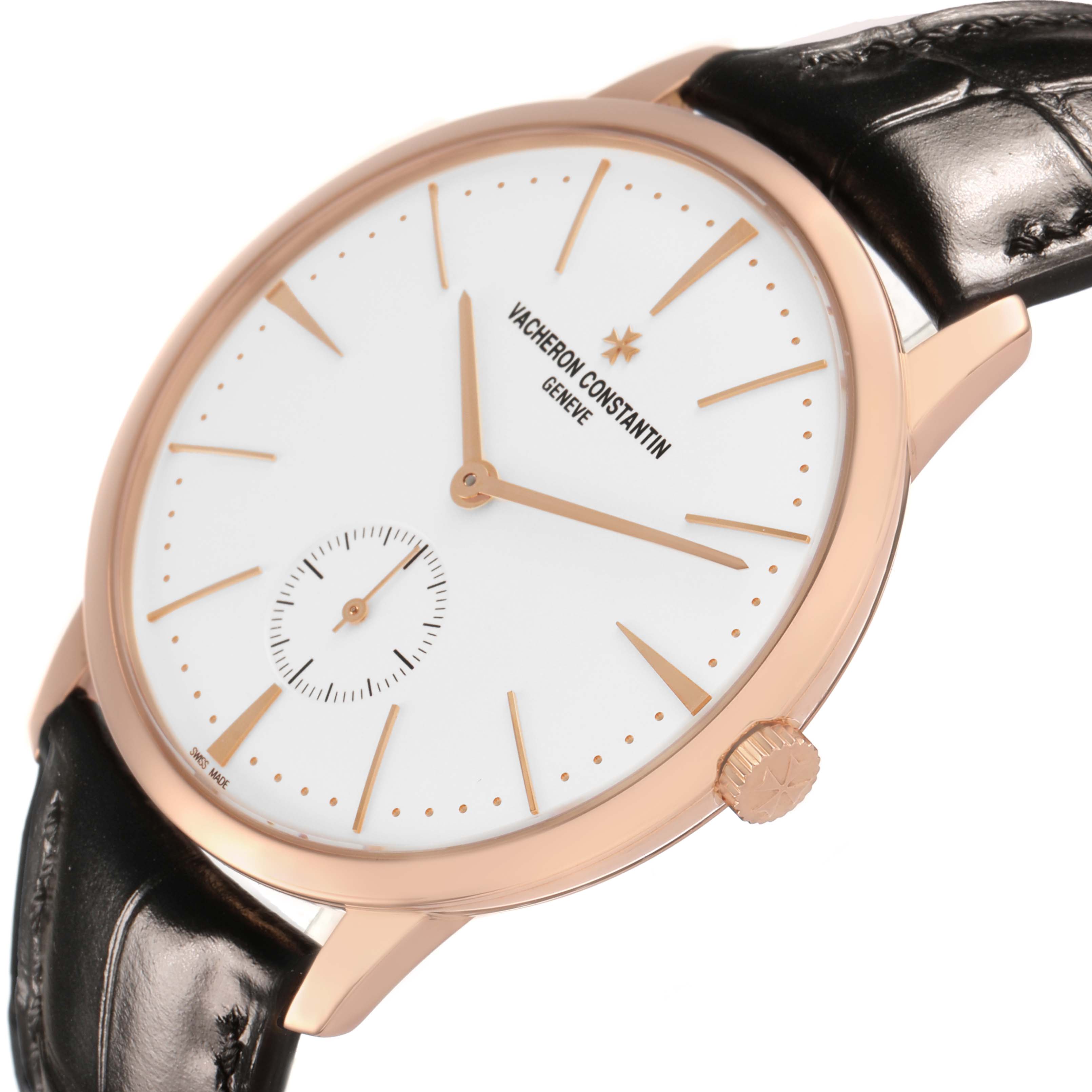 The Vacheron Constantin Patrimony 1110U/000R Men's Rose Gold Silver Dial watch is shown at an angle highlighting the dial, case, crown, and strap.