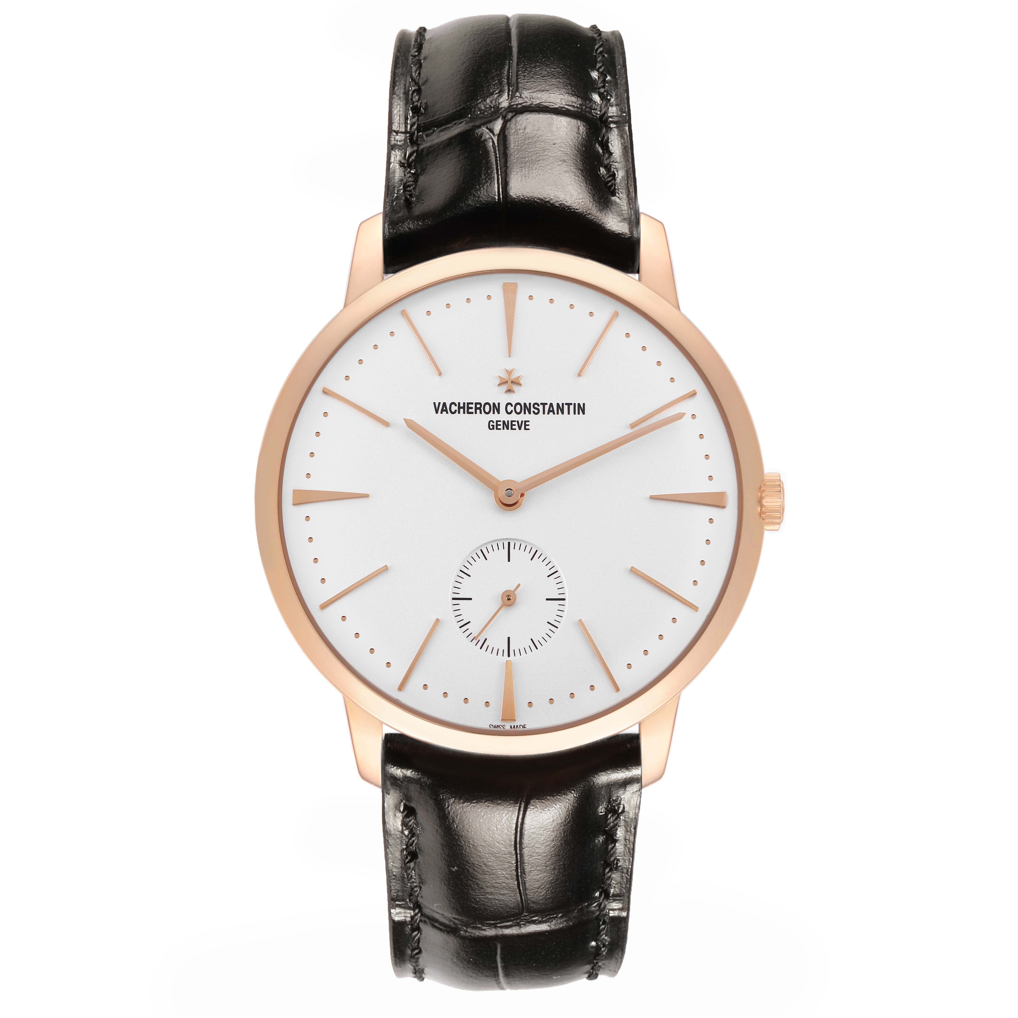 The Vacheron Constantin Patrimony 1110U/000R Men's Rose Gold Silver Dial watch is shown from the front, displaying its dial, hands, case, and leather strap.