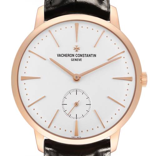 The Vacheron Constantin Patrimony 1110U/000R Men's Rose Gold Silver Dial watch is shown from a front angle, highlighting its dial, hands, and crown.