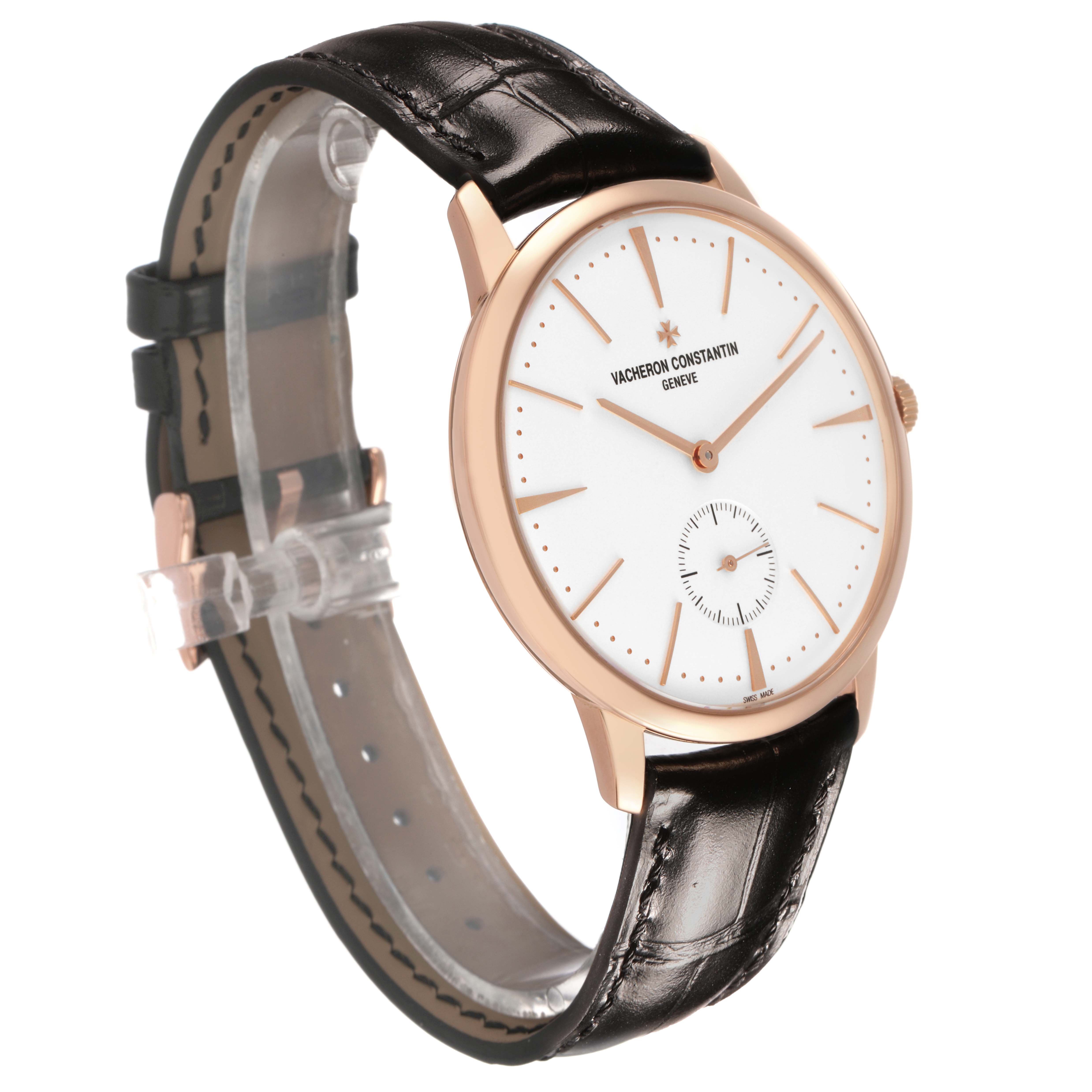 The Vacheron Constantin Patrimony 1110U/000R Men's Rose Gold Silver Dial watch is shown at a three-quarter angle, highlighting its face and leather strap.