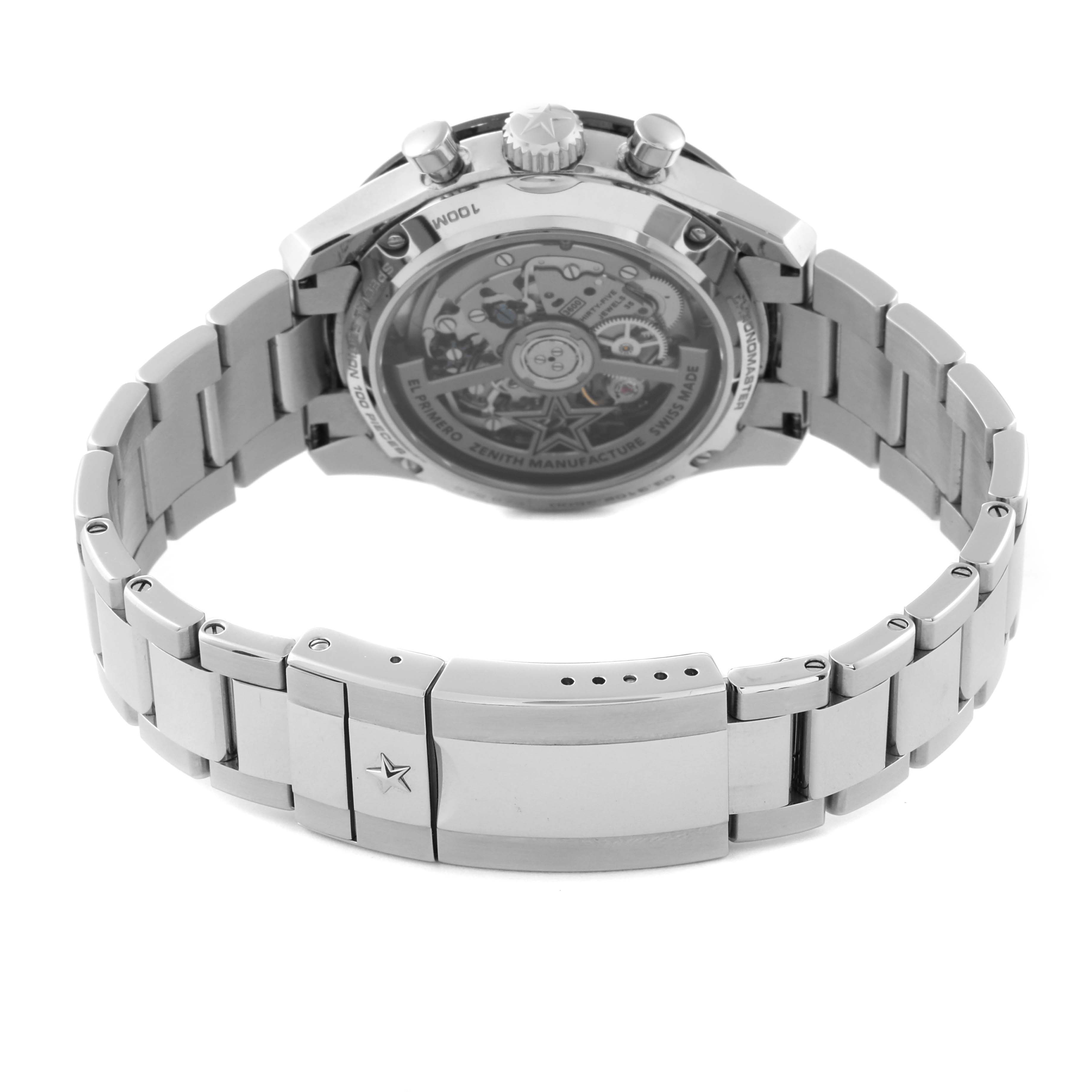 The image shows the back view of the Zenith Chronomaster 03.3102.3600/02.M3100 Men's Stainless Steel White Dial 03.3102.3600/02.M3100 Men's Stainless Steel White Dial watch, highlighting the movement through a transparent case back and metal bracelet.