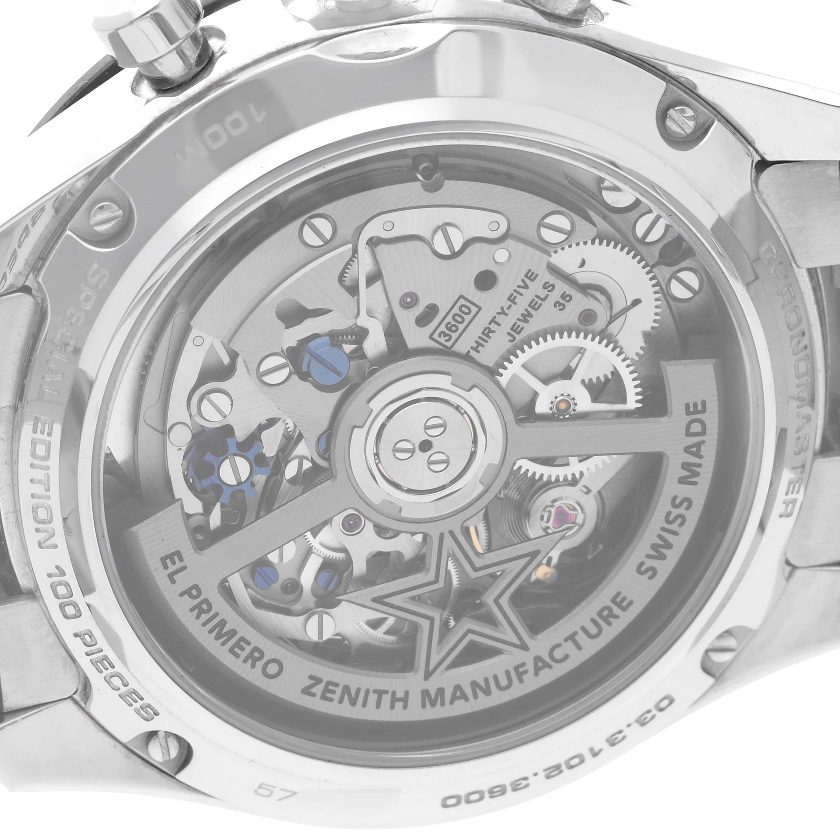 This image shows the back of the Zenith Chronomaster 03.3102.3600/02.M3100 Men's Stainless Steel White Dial 03.3102.3600/02.M3100 Men's Stainless Steel White Dial watch, highlighting the exposed mechanical movement and inner mechanisms.