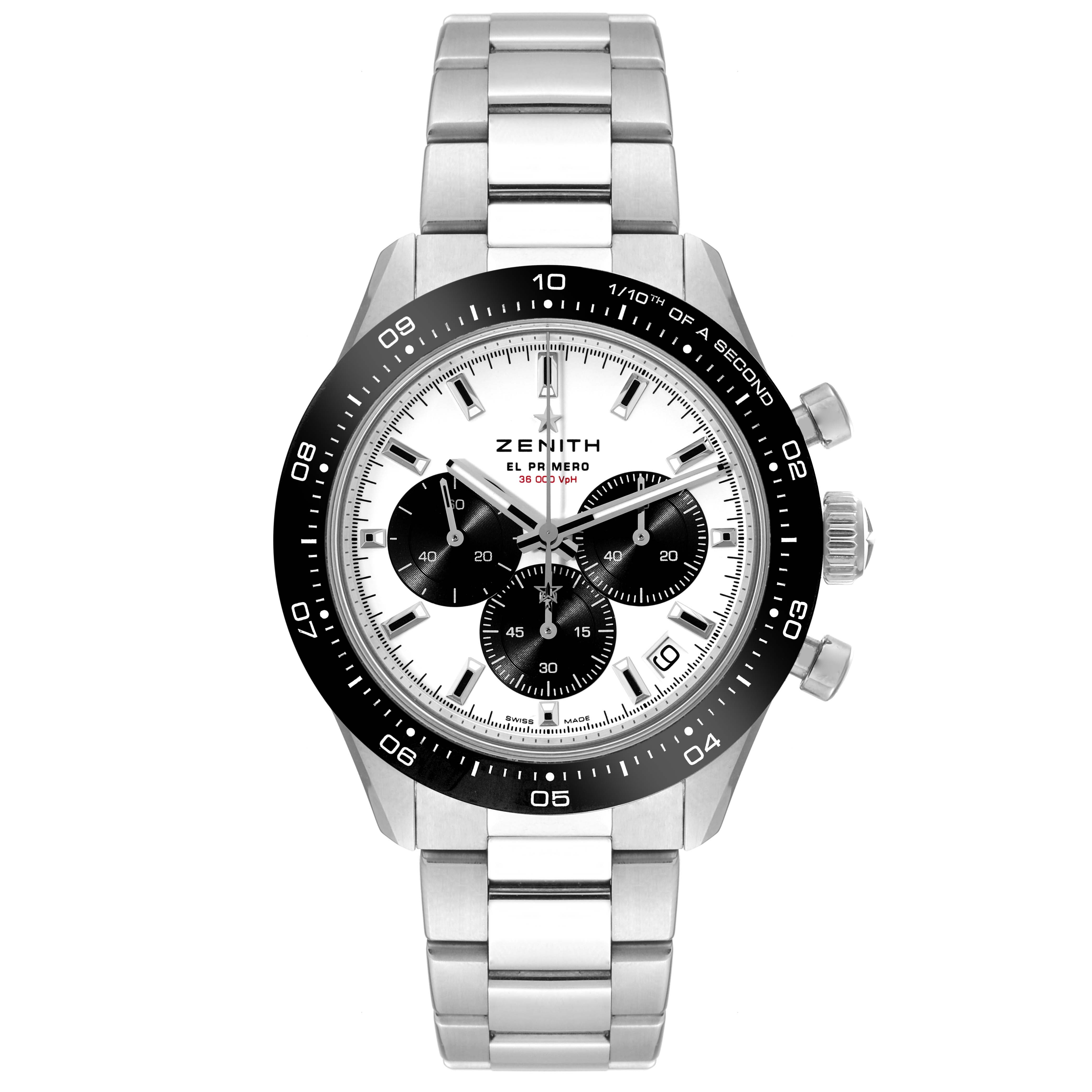 The image shows a Zenith Chronomaster 03.3102.3600/02.M3100 Men's Stainless Steel White Dial 03.3102.3600/02.M3100 Men's Stainless Steel White Dial watch, front view, displaying the face, bezel, crown, pushers, and metal bracelet.