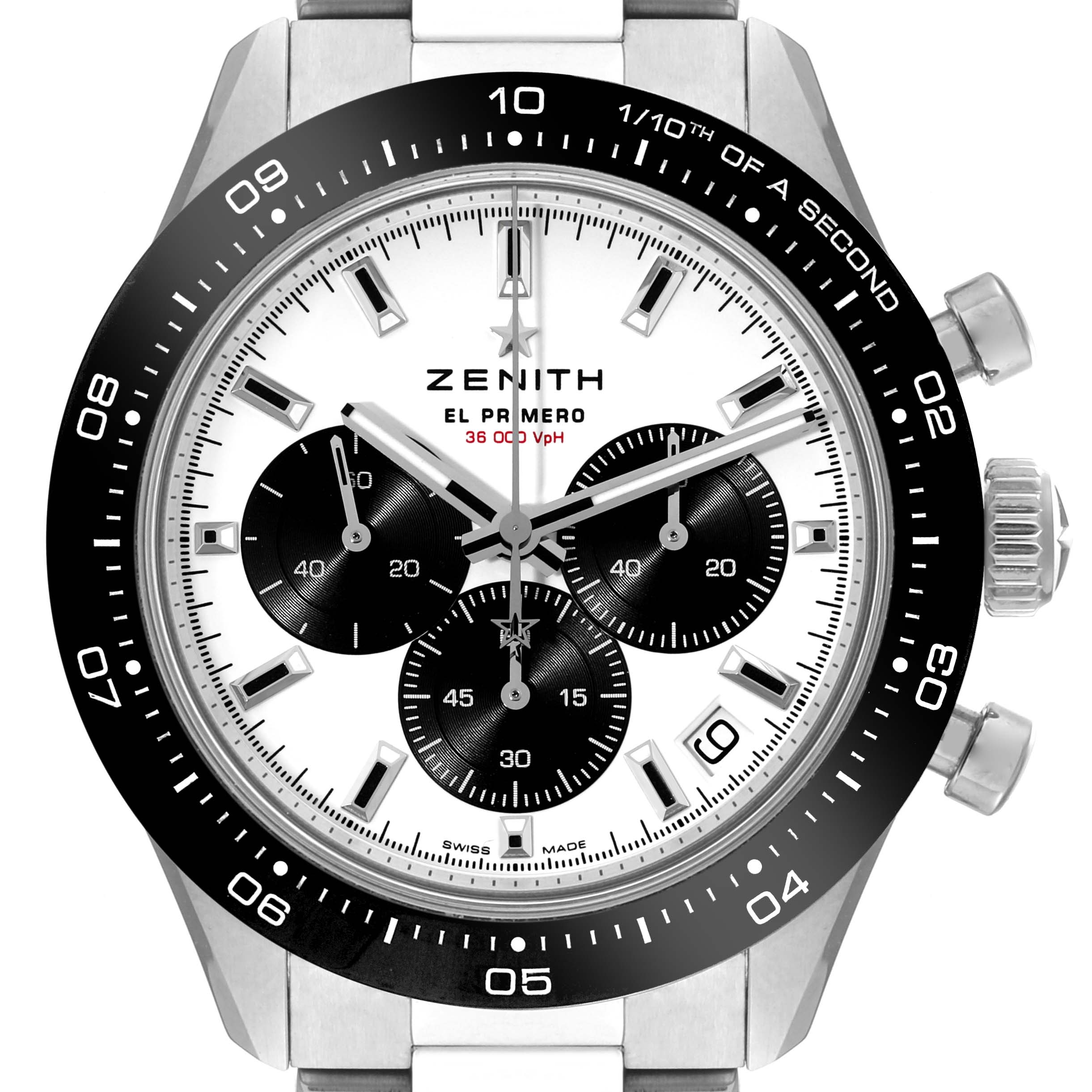 The image shows a frontal view of the Zenith Chronomaster 03.3102.3600/02.M3100 Men's Stainless Steel White Dial 03.3102.3600/02.M3100 Men's Stainless Steel White Dial watch, highlighting its dial, bezel, three subdials, and stainless steel case.