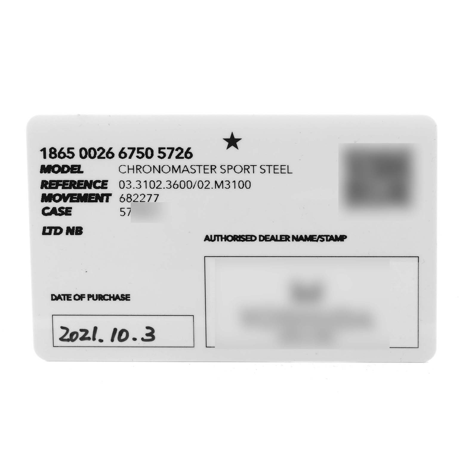 The image shows the warranty card of the Zenith Chronomaster 03.3102.3600/02.M3100 Men's Stainless Steel White Dial 03.3102.3600/02.M3100 Men's Stainless Steel White Dial Sport Steel watch, displaying purchase details and serial information.