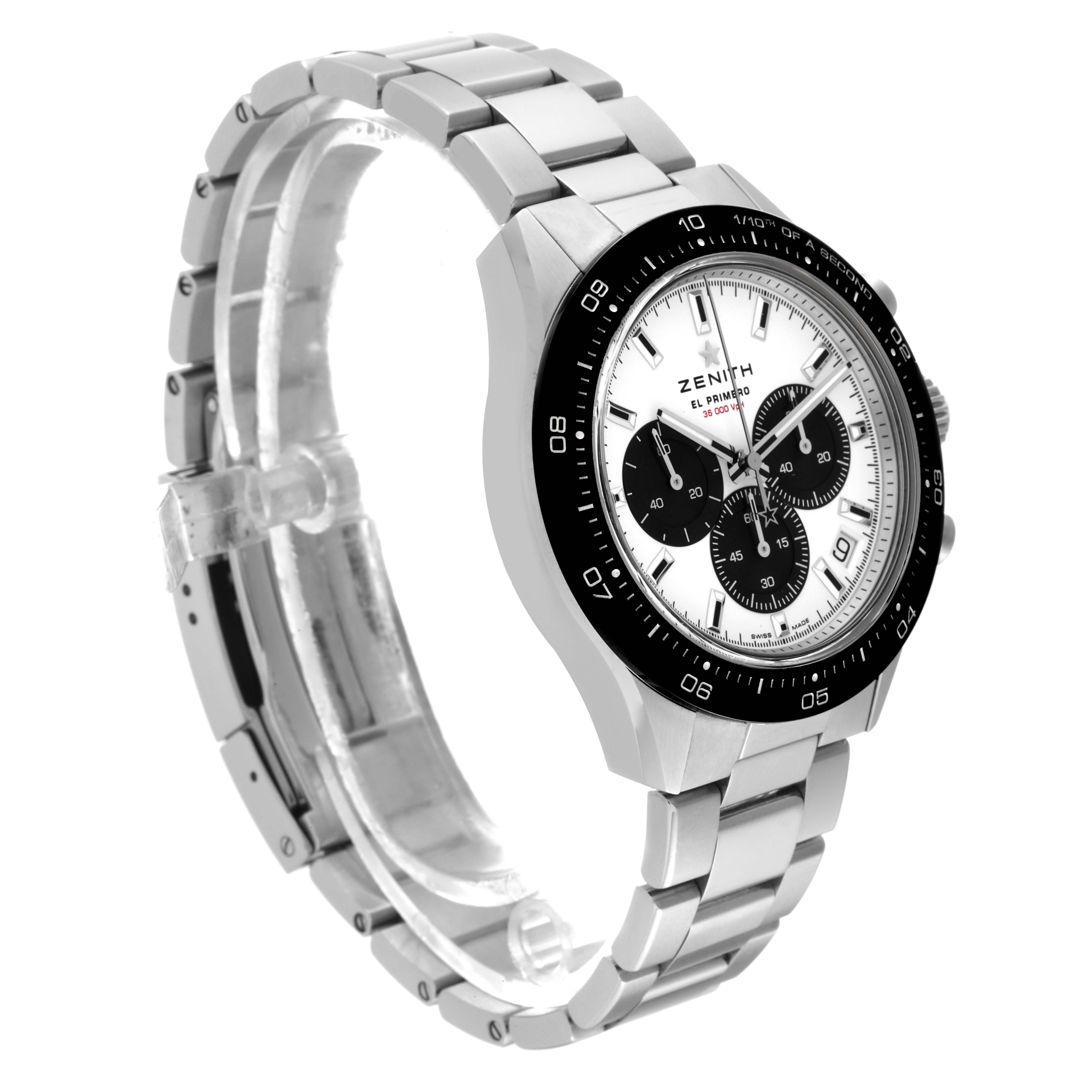 The Zenith Chronomaster 03.3102.3600/02.M3100 Men's Stainless Steel White Dial 03.3102.3600/02.M3100 Men's Stainless Steel White Dial watch is shown at an angled side view, highlighting its bezel, dial, bracelet, and case.