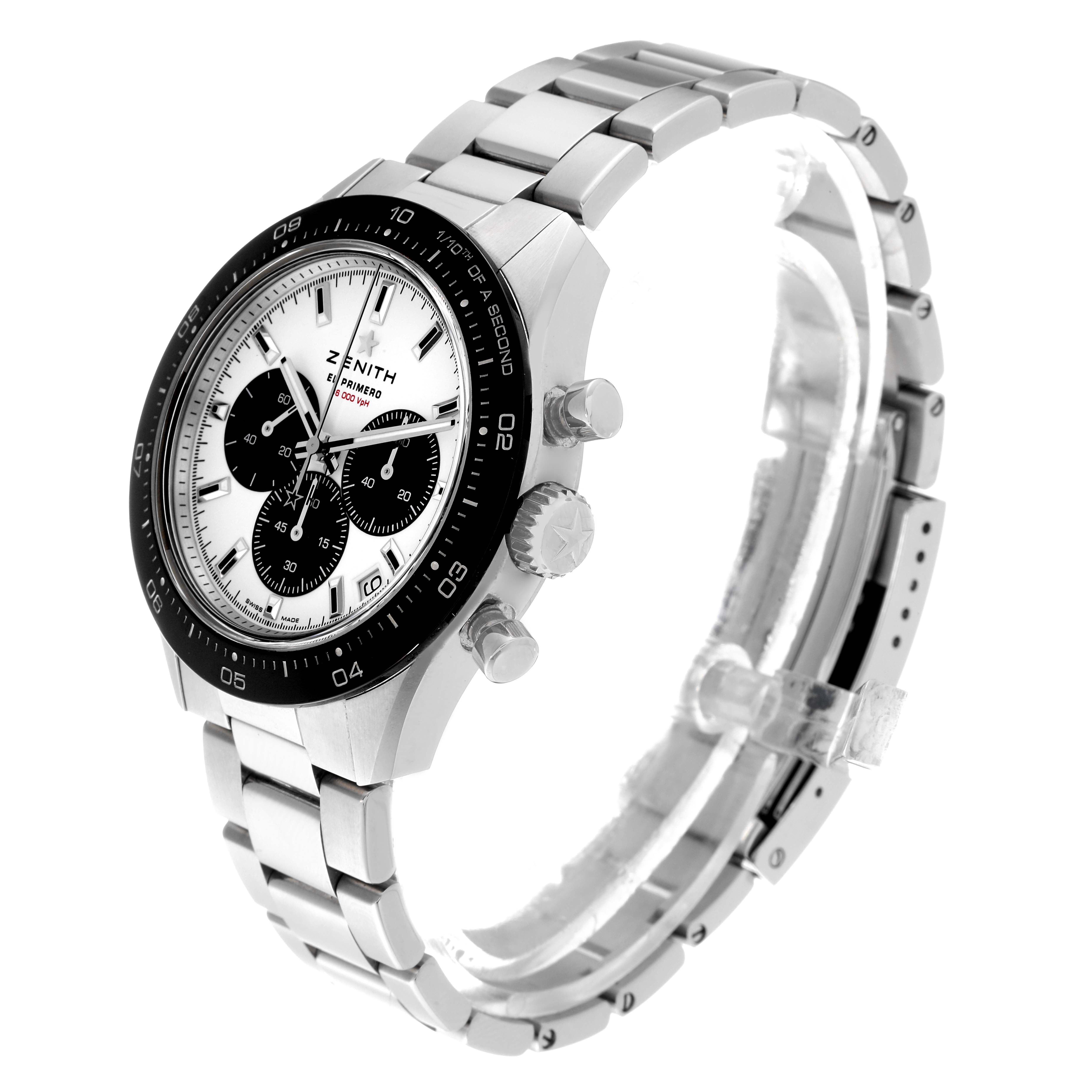 The Zenith Chronomaster 03.3102.3600/02.M3100 Men's Stainless Steel White Dial 03.3102.3600/02.M3100 Men's Stainless Steel White Dial watch is shown at a three-quarter angle, displaying its face, bezel, crown, and metal bracelet.