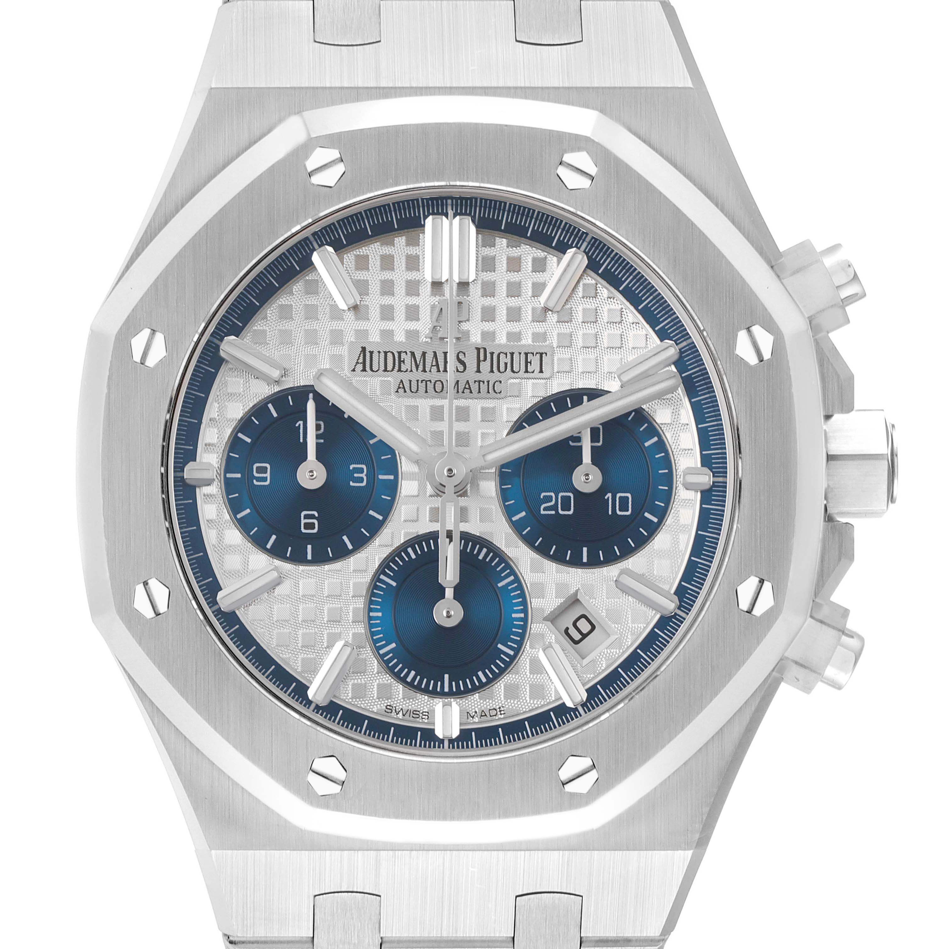The image shows a front view of the Audemars Piguet Royal Oak 26315ST.OO.1256ST.01 Men's Stainless Steel Silver Dial 26315ST.OO.1256ST.01 Men's Stainless Steel Silver Dial, highlighting its dial, subdials, and bezel.