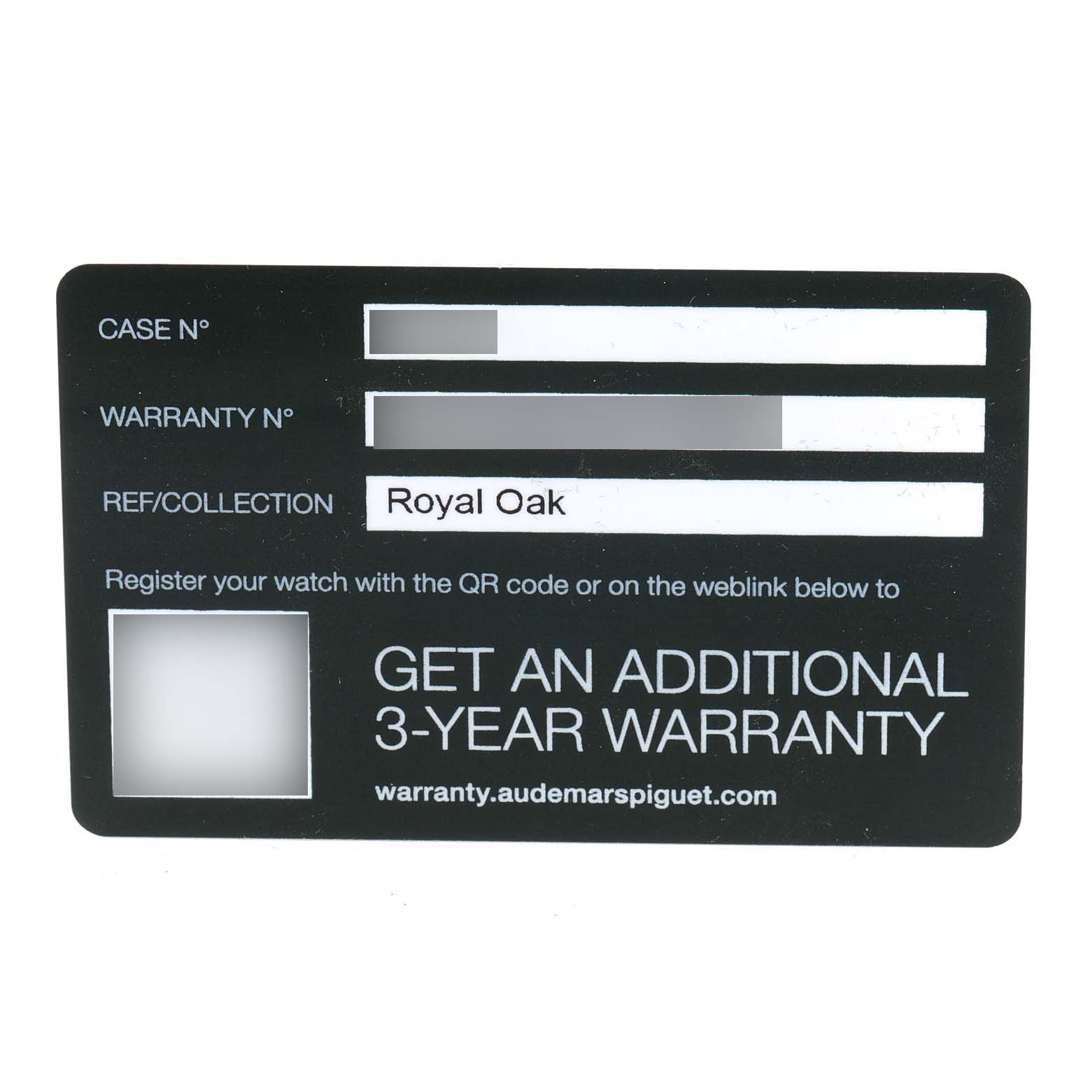 The image shows a warranty card for a Royal Oak model by Audemars Piguet, with spaces for case and warranty numbers.