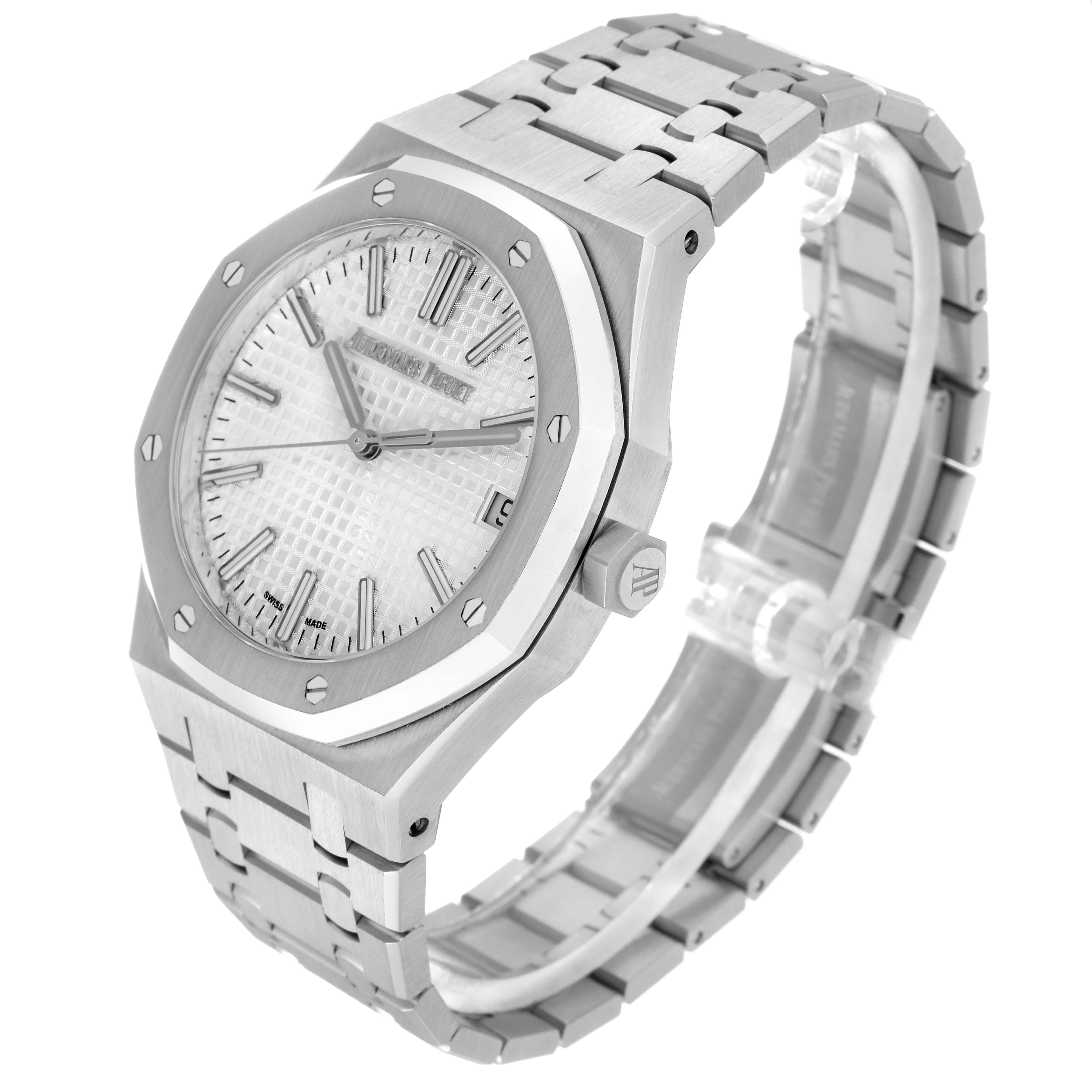 The image shows an angled view of the Audemars Piguet Royal Oak 15510ST.OO.1320ST.08 Men
s Stainless Steel Silver Dial 15510ST.OO.1320ST.08 Men
s Stainless Steel Silver Dial, highlighting the bezel, dial, case, bracelet, and crown.