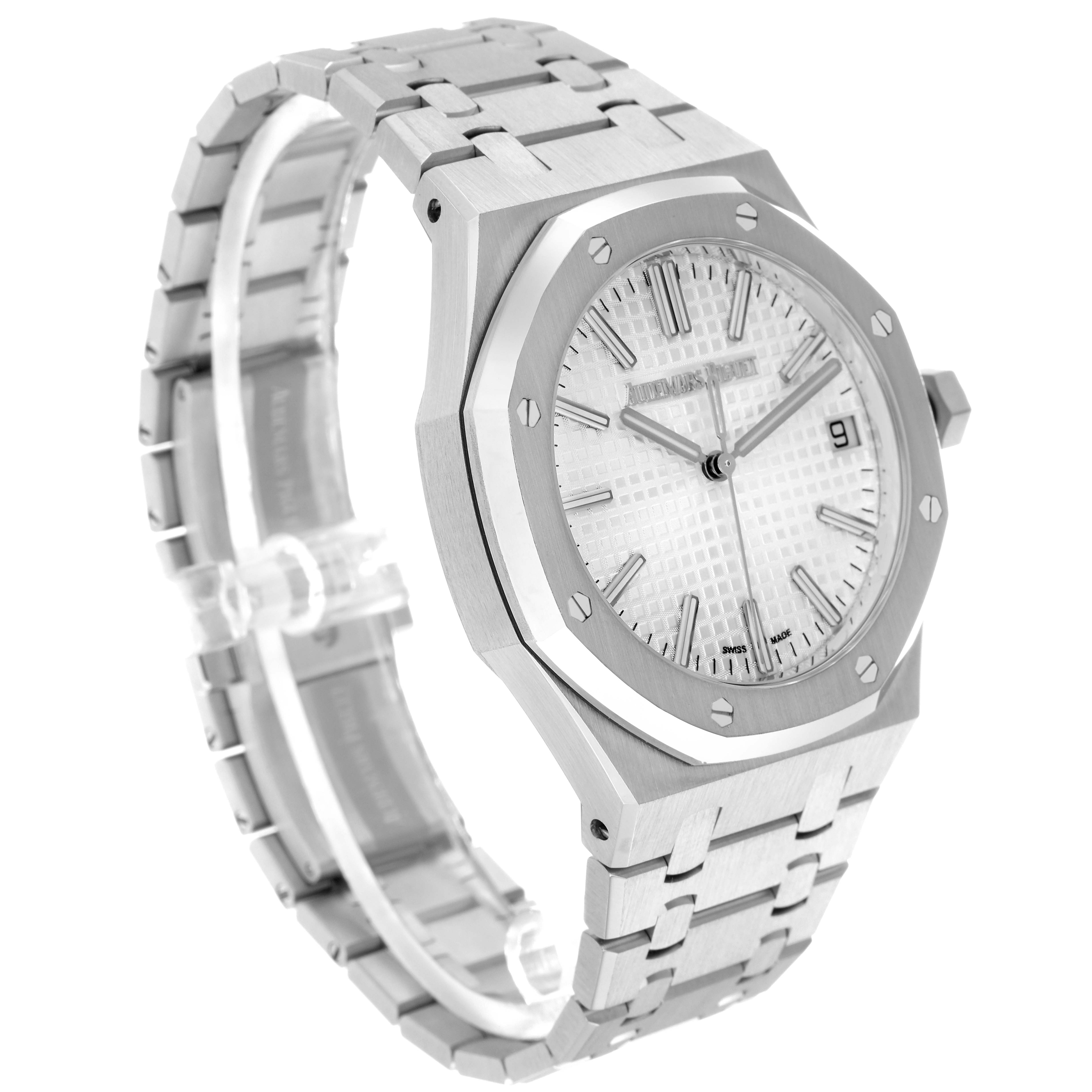 The Audemars Piguet Royal Oak 15510ST.OO.1320ST.08 Men
s Stainless Steel Silver Dial 15510ST.OO.1320ST.08 Men
s Stainless Steel Silver Dial watch is shown at a slight side angle, displaying the face, bezel, and stainless steel bracelet.