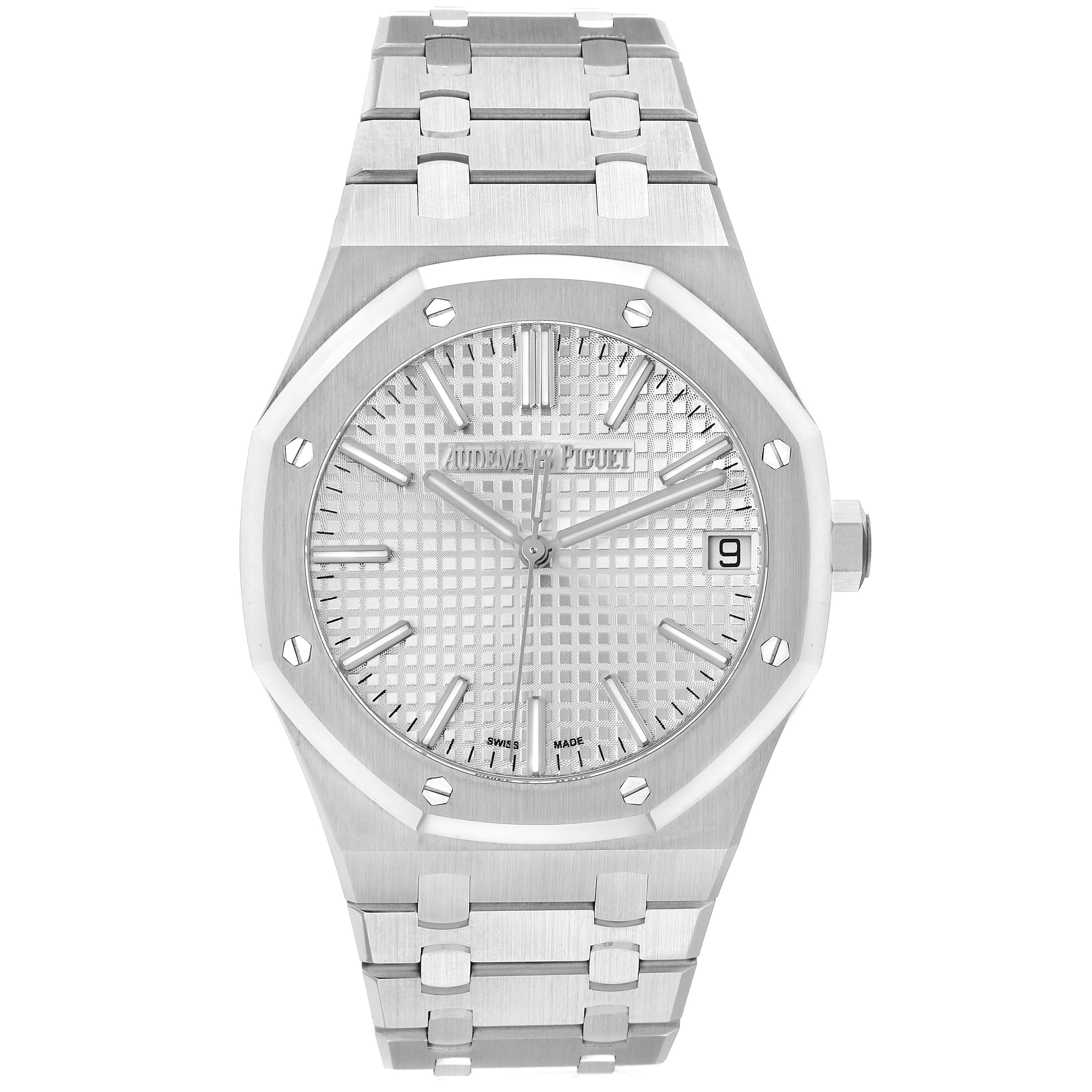 The Audemars Piguet Royal Oak 15510ST.OO.1320ST.08 Men
s Stainless Steel Silver Dial 15510ST.OO.1320ST.08 Men
s Stainless Steel Silver Dial watch is shown from the front, displaying the face, bezel, and bracelet prominently.