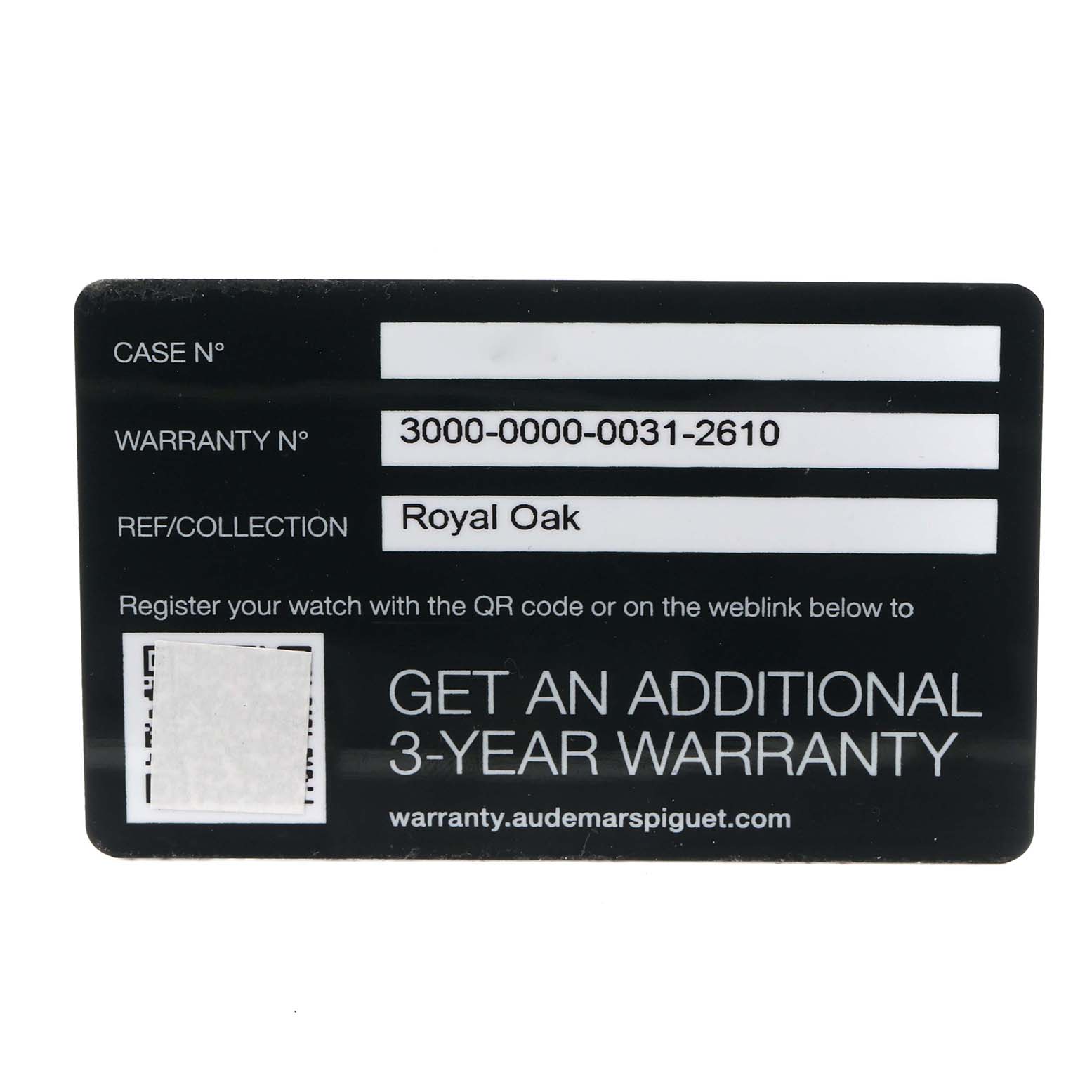 The image shows a warranty card for the Audemars Piguet Royal Oak 15510ST.OO.1320ST.08 Men
s Stainless Steel Silver Dial 15510ST.OO.1320ST.08 Men
s Stainless Steel Silver Dial model, with registration details.