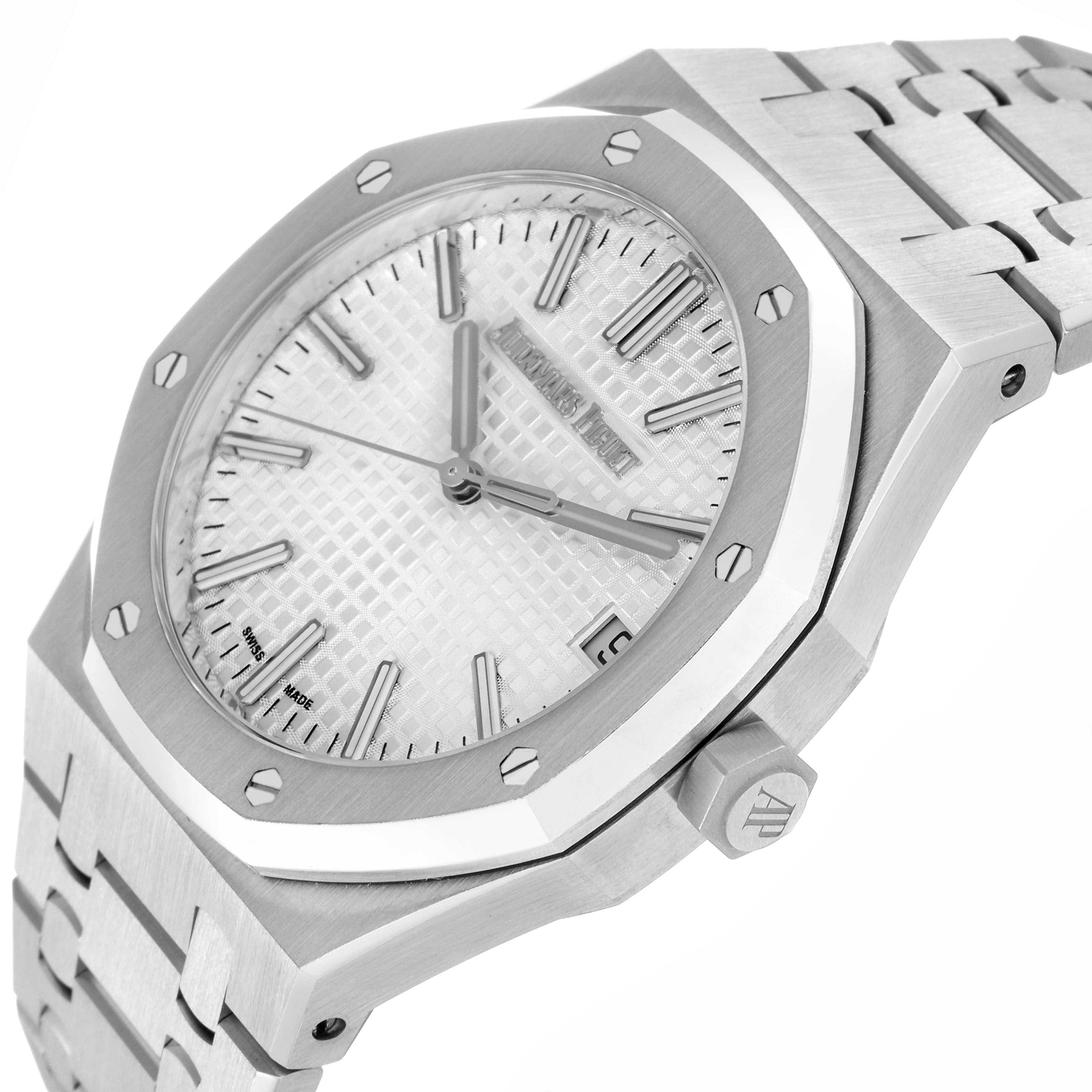 The image shows the Audemars Piguet Royal Oak 15510ST.OO.1320ST.08 Men
s Stainless Steel Silver Dial 15510ST.OO.1320ST.08 Men
s Stainless Steel Silver Dial watch at an angled close-up, highlighting its octagonal bezel, bracelet, and textured dial.