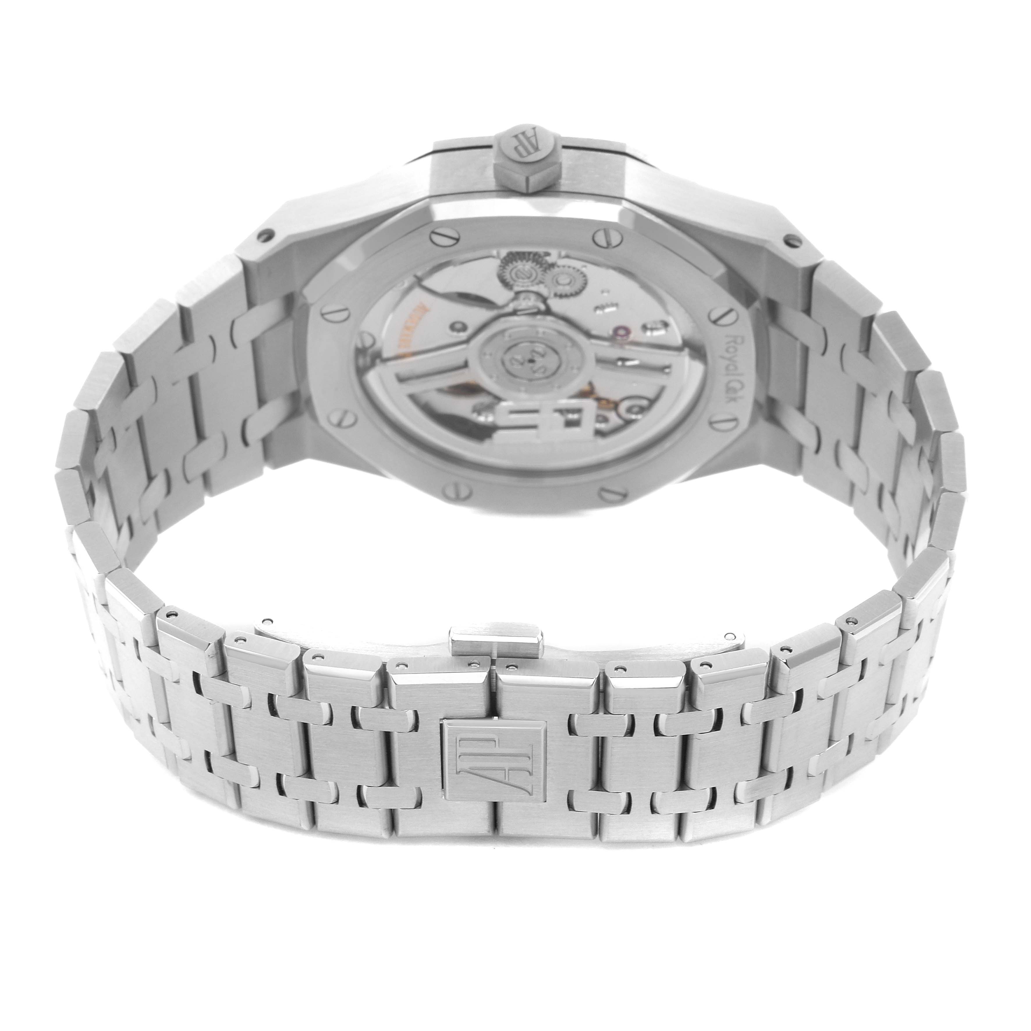 The image shows the Audemars Piguet Royal Oak 15510ST.OO.1320ST.08 Men
s Stainless Steel Silver Dial 15510ST.OO.1320ST.08 Men
s Stainless Steel Silver Dial watch from the backside, highlighting the bracelet, clasp, and transparent case back.