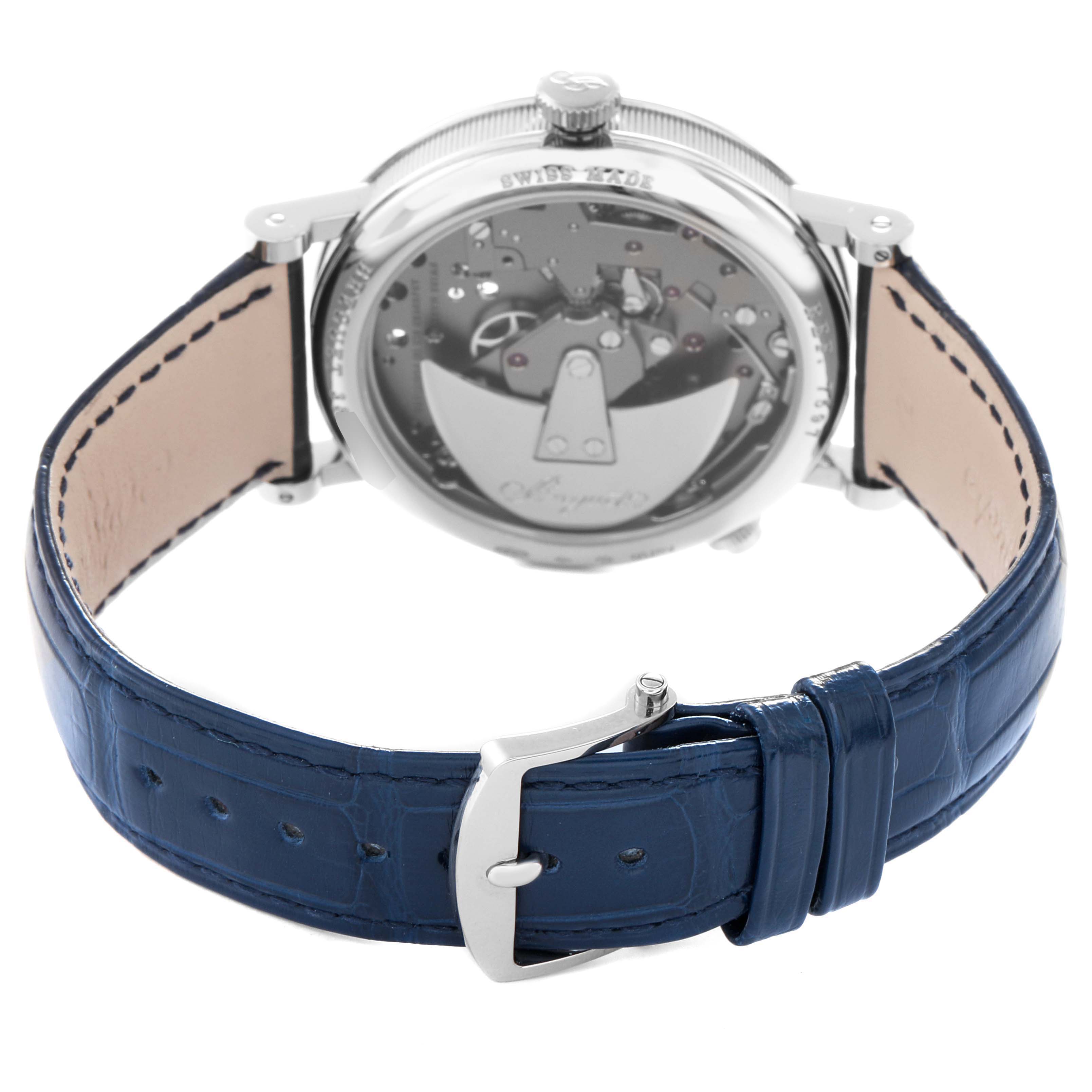 The image shows the Breguet Tradition 7597BB/GY/9WU Men's White Gold Blue Dial 7597BB/GY/9WU Men's White Gold Blue Dial watch from the rear, highlighting the movement and blue leather strap.