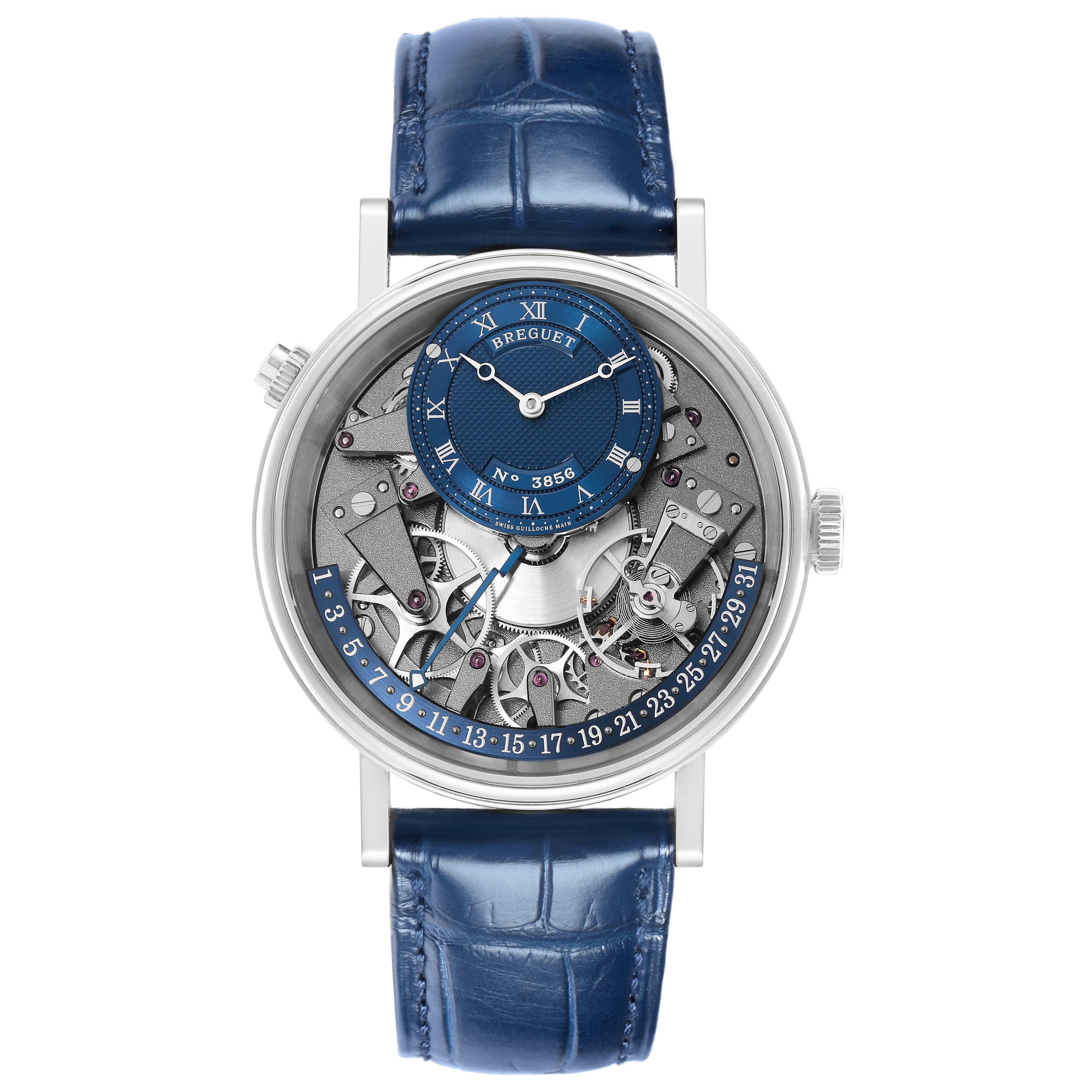 The Breguet Tradition 7597BB/GY/9WU Men's White Gold Blue Dial 7597BB/GY/9WU Men's White Gold Blue Dial model is shown from a front view, displaying its open-worked dial and blue alligator leather strap.