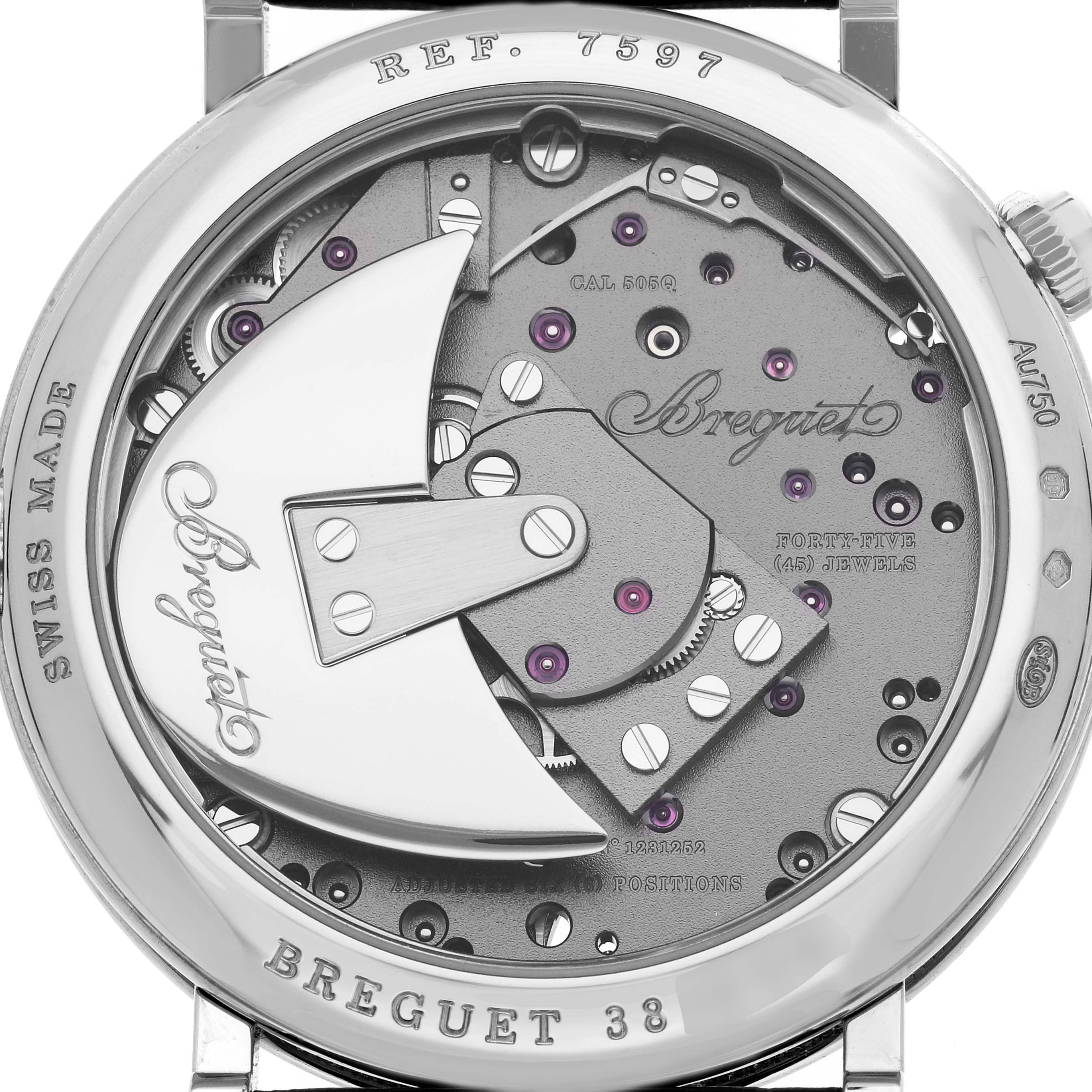 The image shows the back view of a Breguet Tradition 7597BB/GY/9WU Men's White Gold Blue Dial 7597BB/GY/9WU Men's White Gold Blue Dial model, highlighting its intricate movement and rotor.