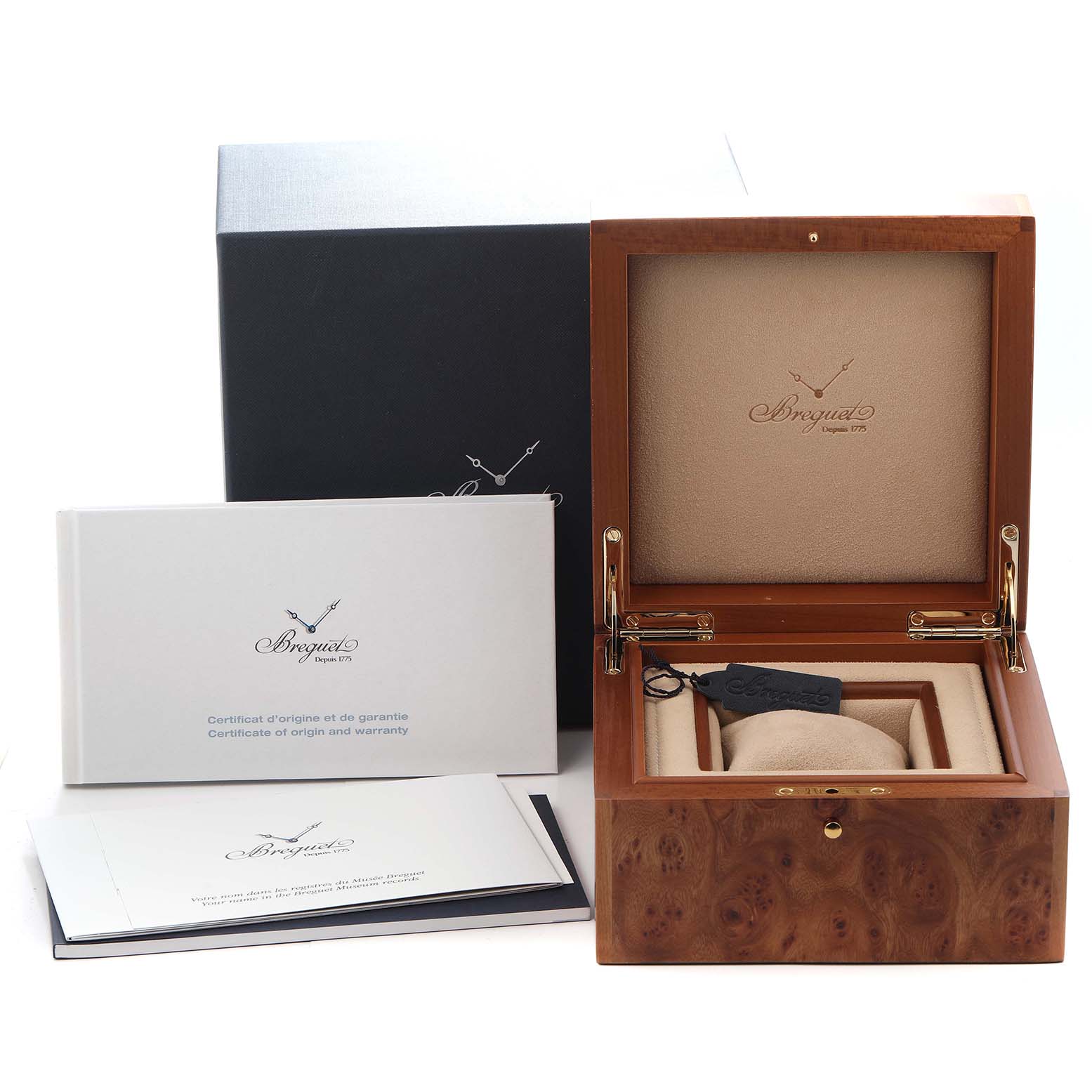 The image shows a Breguet Tradition 7597BB/GY/9WU Men's White Gold Blue Dial 7597BB/GY/9WU Men's White Gold Blue Dial watch box with certificates, viewed from the front and slightly above, highlighting box details.