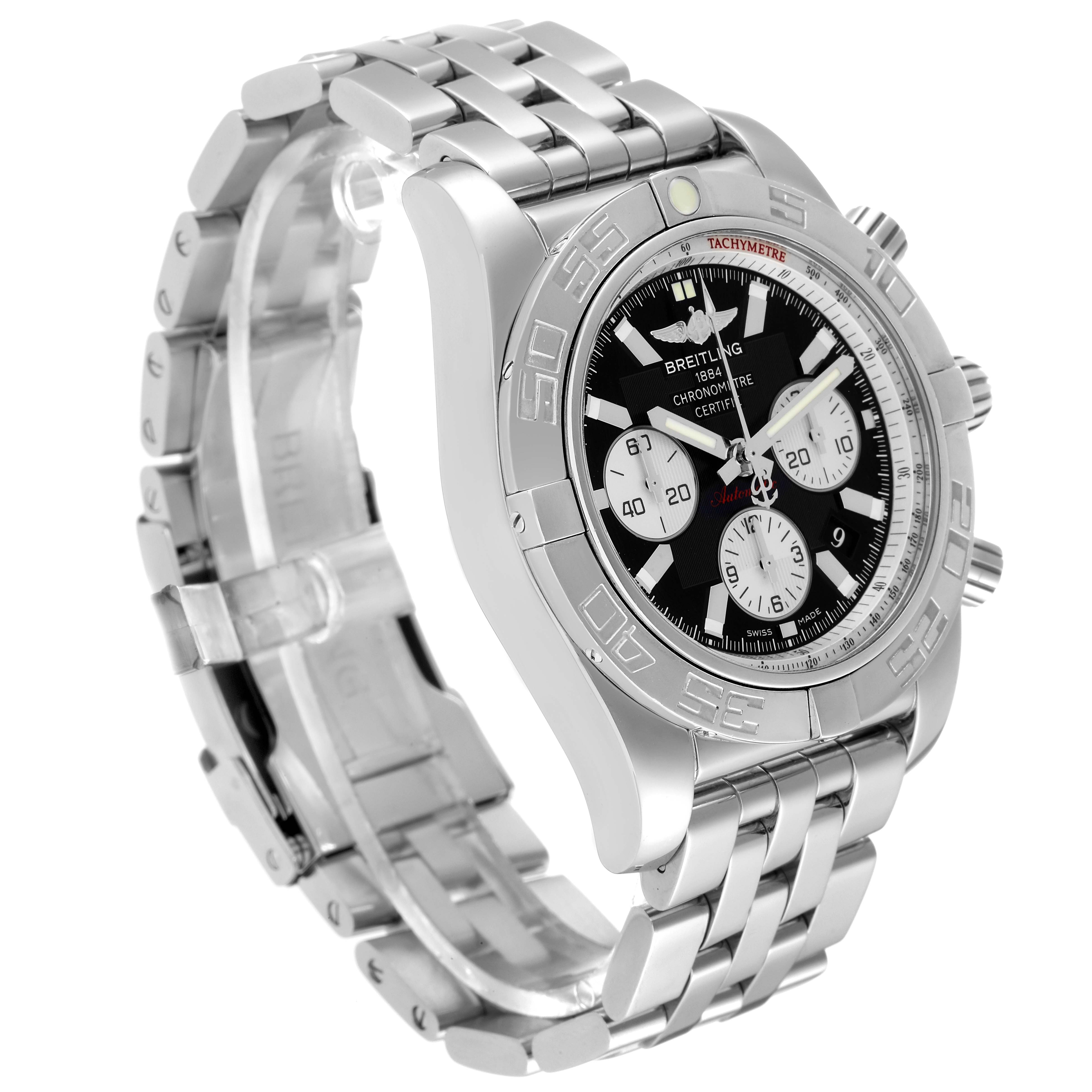 The image shows a Breitling Chronomat AB0110 Men
s Stainless Steel Black Dial AB0110 Men
s Stainless Steel Black Dial watch, angled to display the front dial, bezel, and stainless steel bracelet.