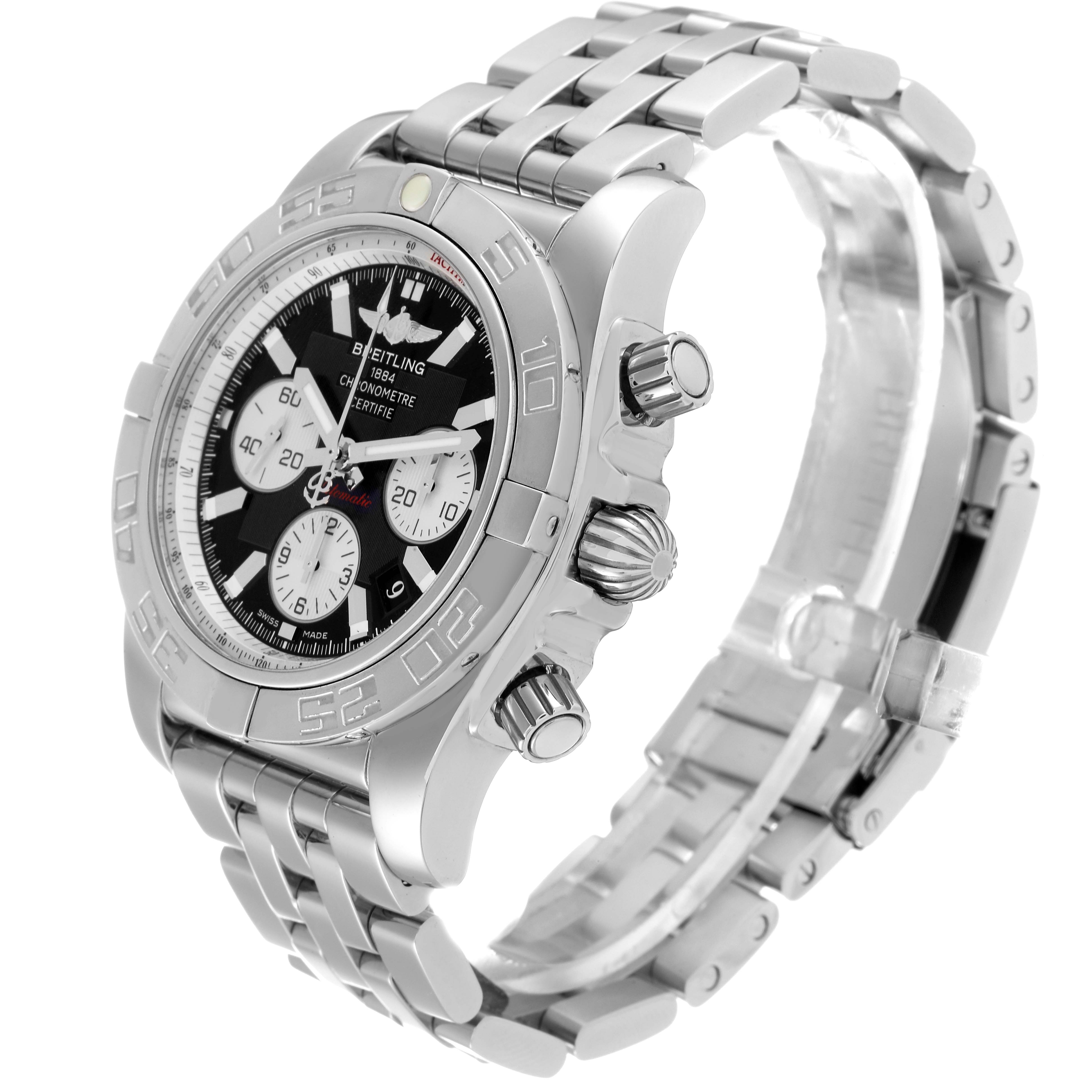 The image shows a Breitling Chronomat AB0110 Men
s Stainless Steel Black Dial AB0110 Men
s Stainless Steel Black Dial watch at a three-quarter angle, highlighting the face, bezel, pushers, crown, and band.