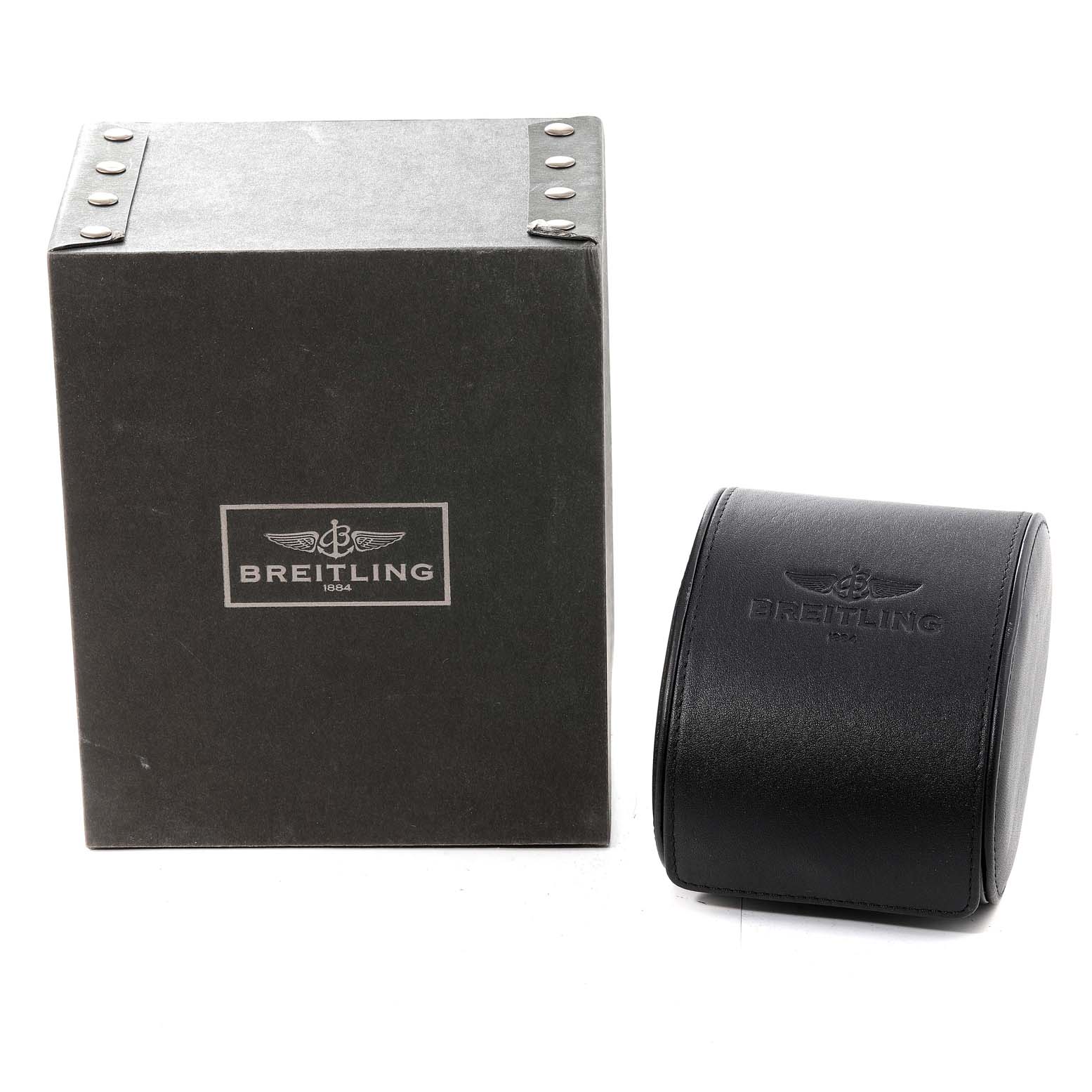 The image shows the box and leather case for a Breitling Chronomat AB0110 Men
s Stainless Steel Black Dial AB0110 Men
s Stainless Steel Black Dial watch.