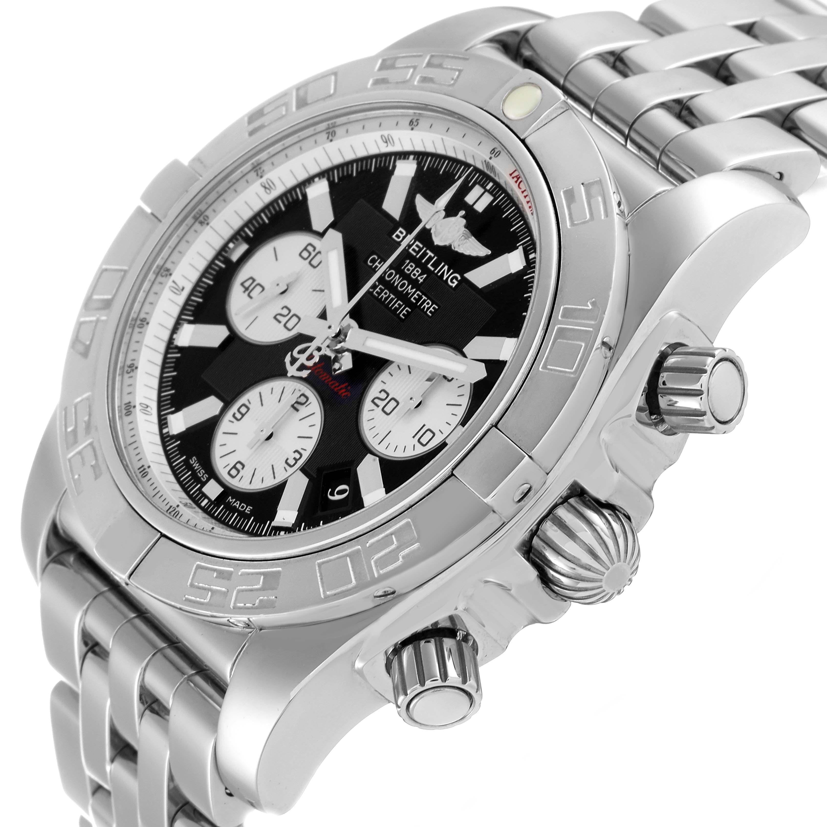 The angle shows a side and slightly top view of the Breitling Chronomat AB0110 Men
s Stainless Steel Black Dial AB0110 Men
s Stainless Steel Black Dial watch, highlighting the bezel, crown, and part of the bracelet.