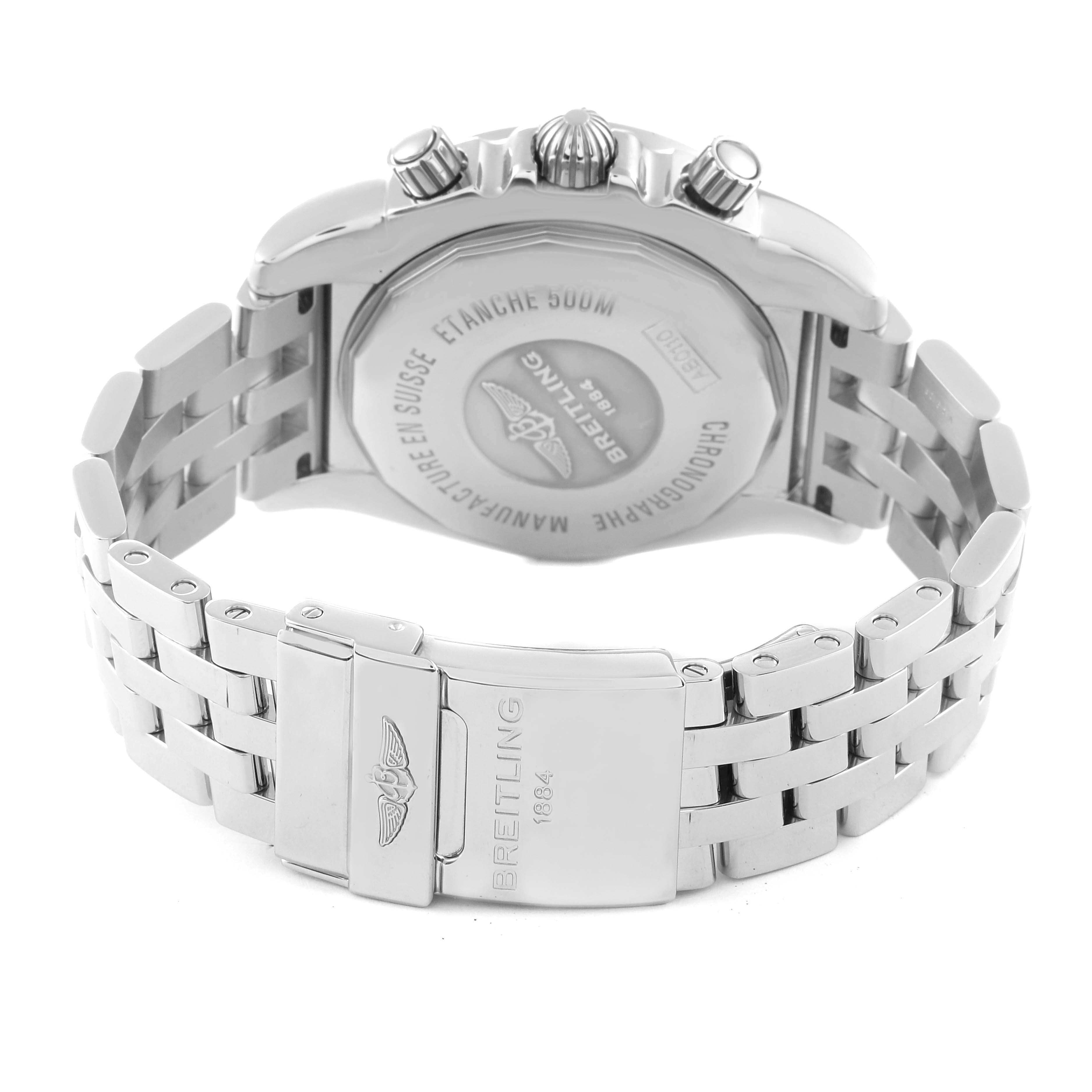 This image shows the back view of the Breitling Chronomat AB0110 Men
s Stainless Steel Black Dial AB0110 Men
s Stainless Steel Black Dial watch, highlighting the case back, bracelet, and clasp.