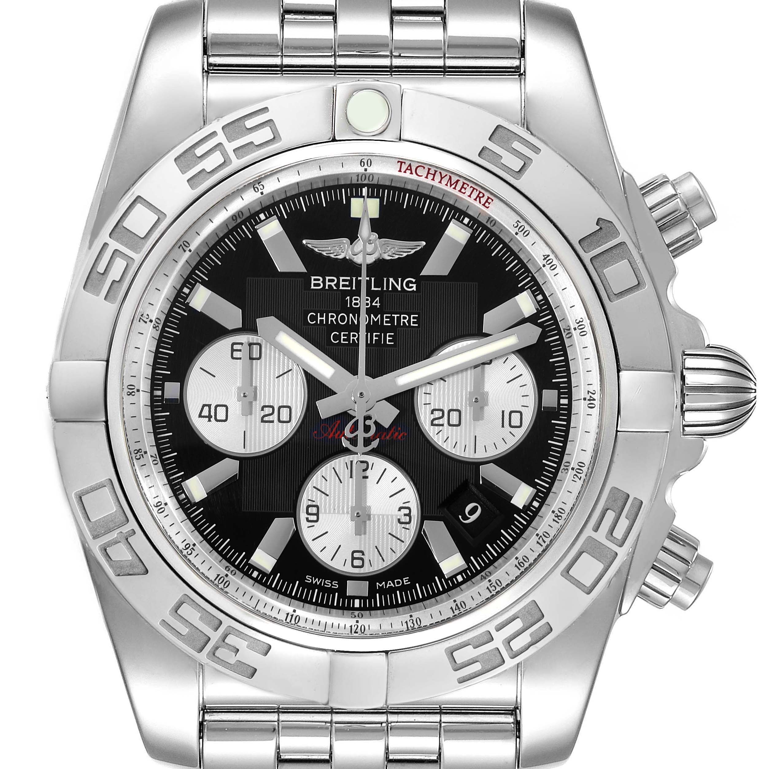 This image shows a frontal view of a Breitling Chronomat AB0110 Men
s Stainless Steel Black Dial AB0110 Men
s Stainless Steel Black Dial watch, highlighting its dial, subdials, tachymeter, and stainless steel bracelet.