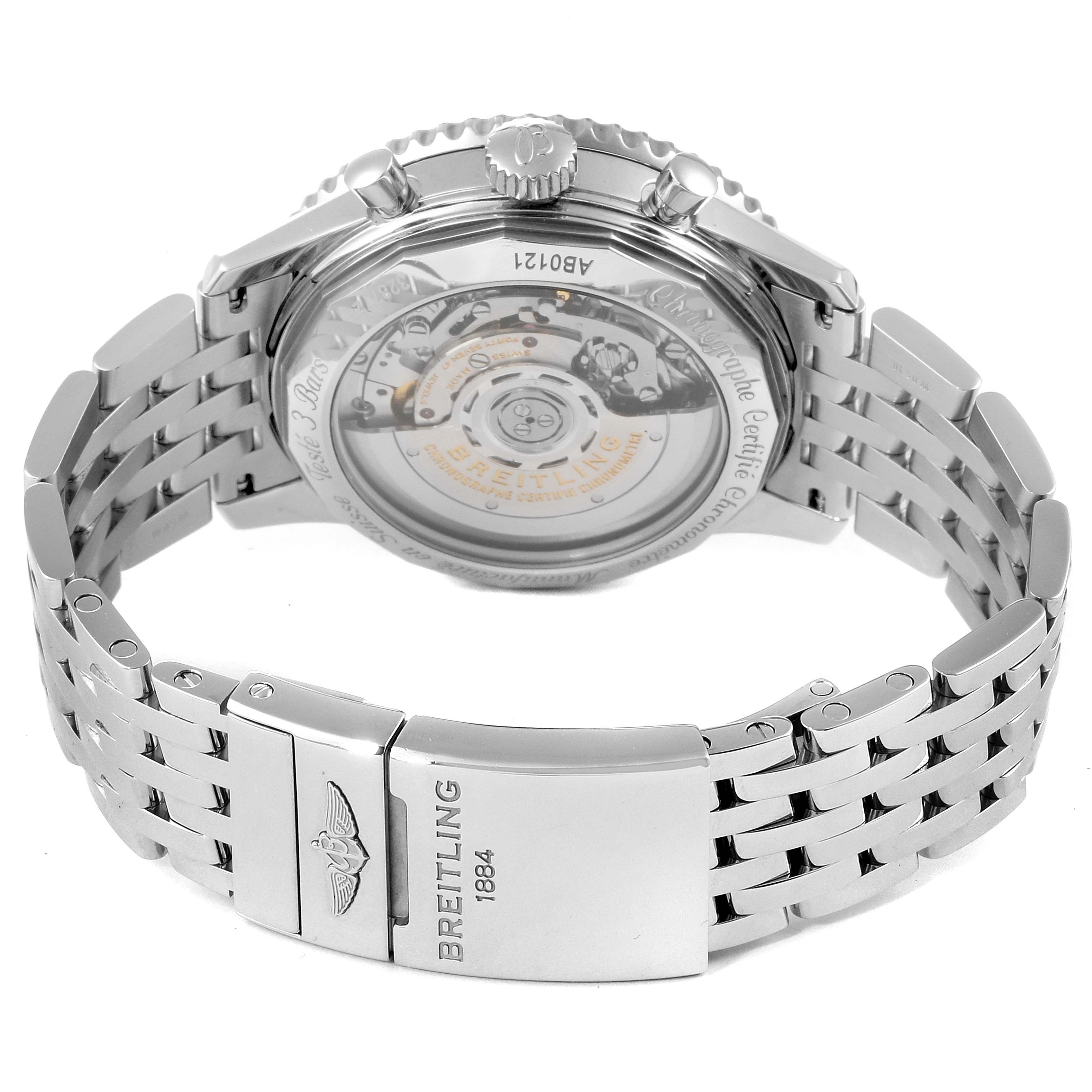 This image shows the back view of a Breitling Navitimer AB0121 Men
s Stainless Steel Black Dial AB0121 Men
s Stainless Steel Black Dial watch, highlighting the stainless steel bracelet and transparent case back.