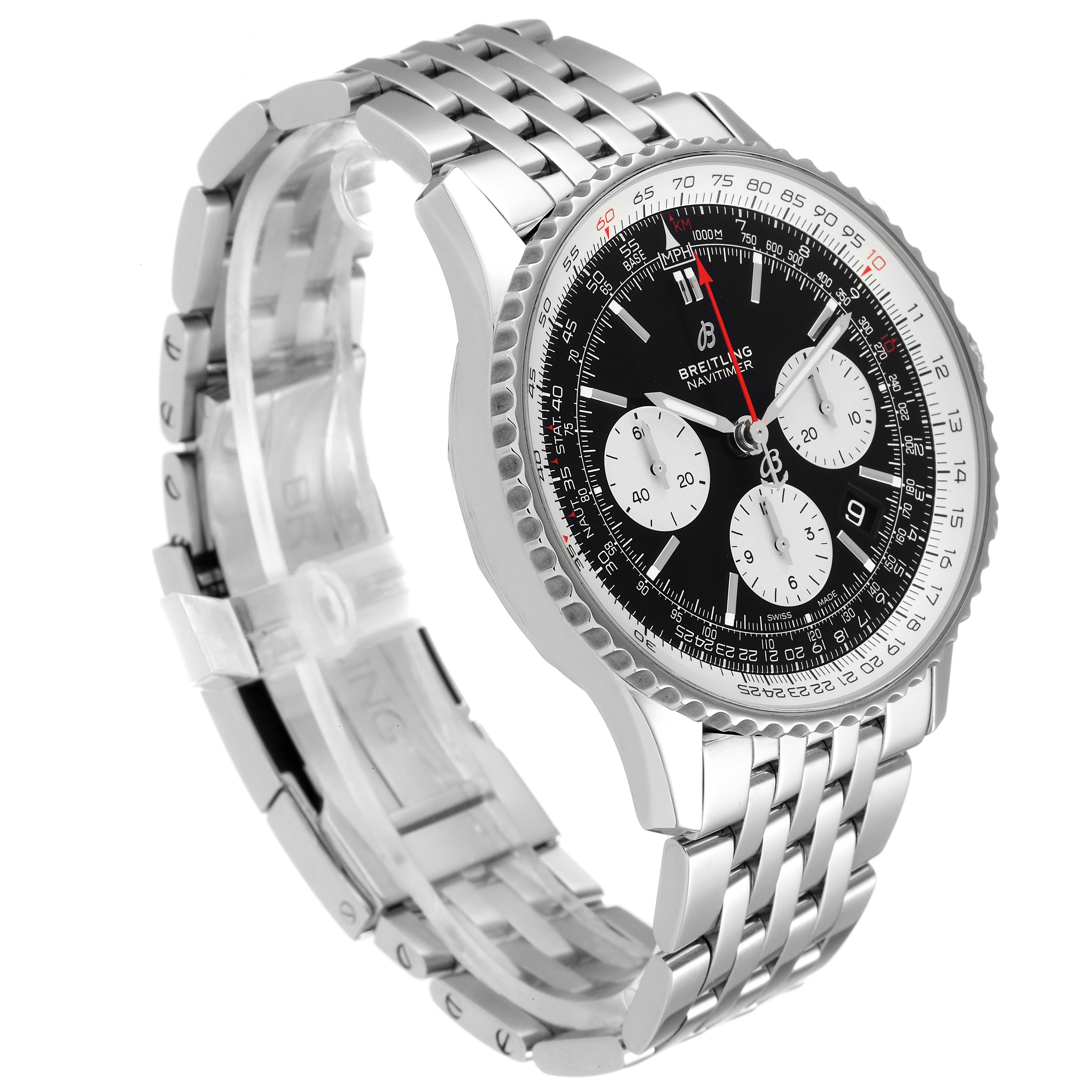 The Breitling Navitimer AB0121 Men
s Stainless Steel Black Dial AB0121 Men
s Stainless Steel Black Dial watch is shown at an angle displaying its face, bezel, and metal bracelet.