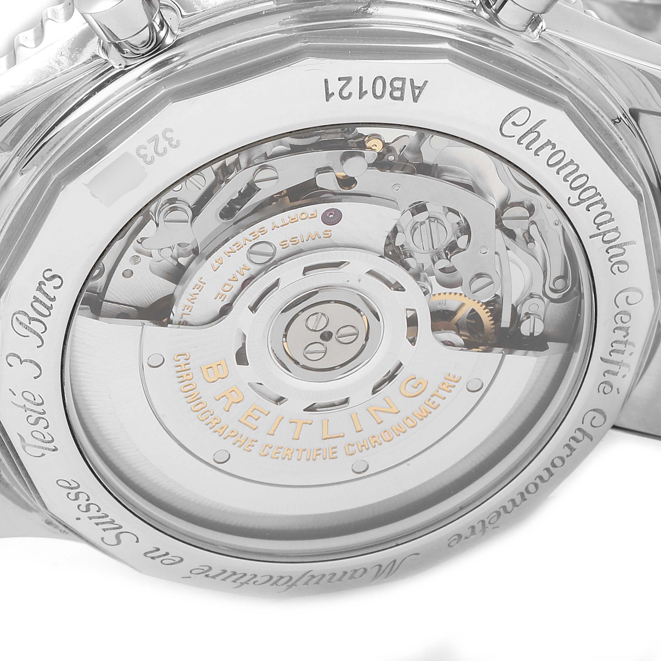 This image shows the back view of the Breitling Navitimer AB0121 Men
s Stainless Steel Black Dial AB0121 Men
s Stainless Steel Black Dial watch, displaying the intricate mechanical movement.