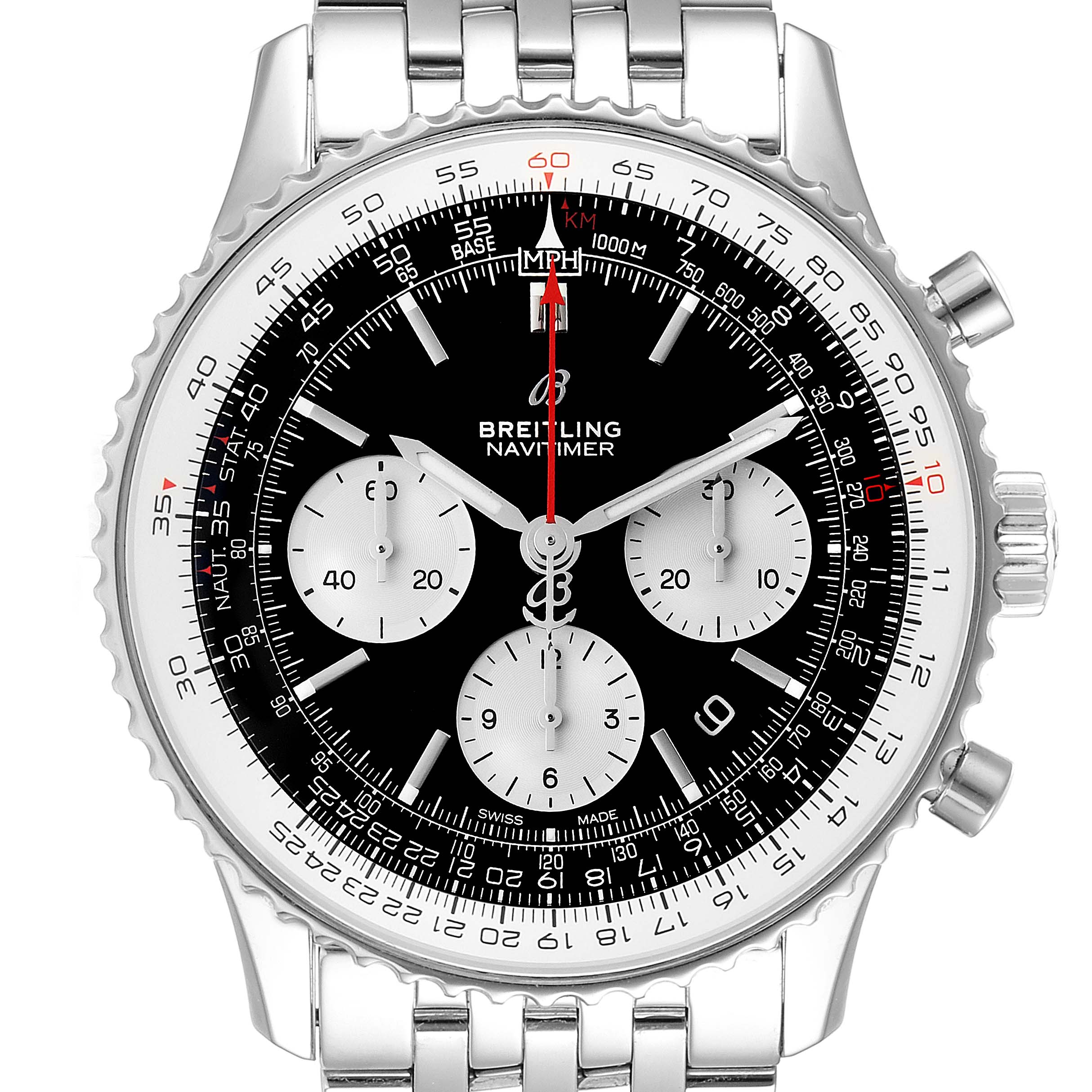 The image shows a front view of a Breitling Navitimer AB0121 Men
s Stainless Steel Black Dial AB0121 Men
s Stainless Steel Black Dial watch, highlighting the dial, bezel, subdials, and part of the bracelet.