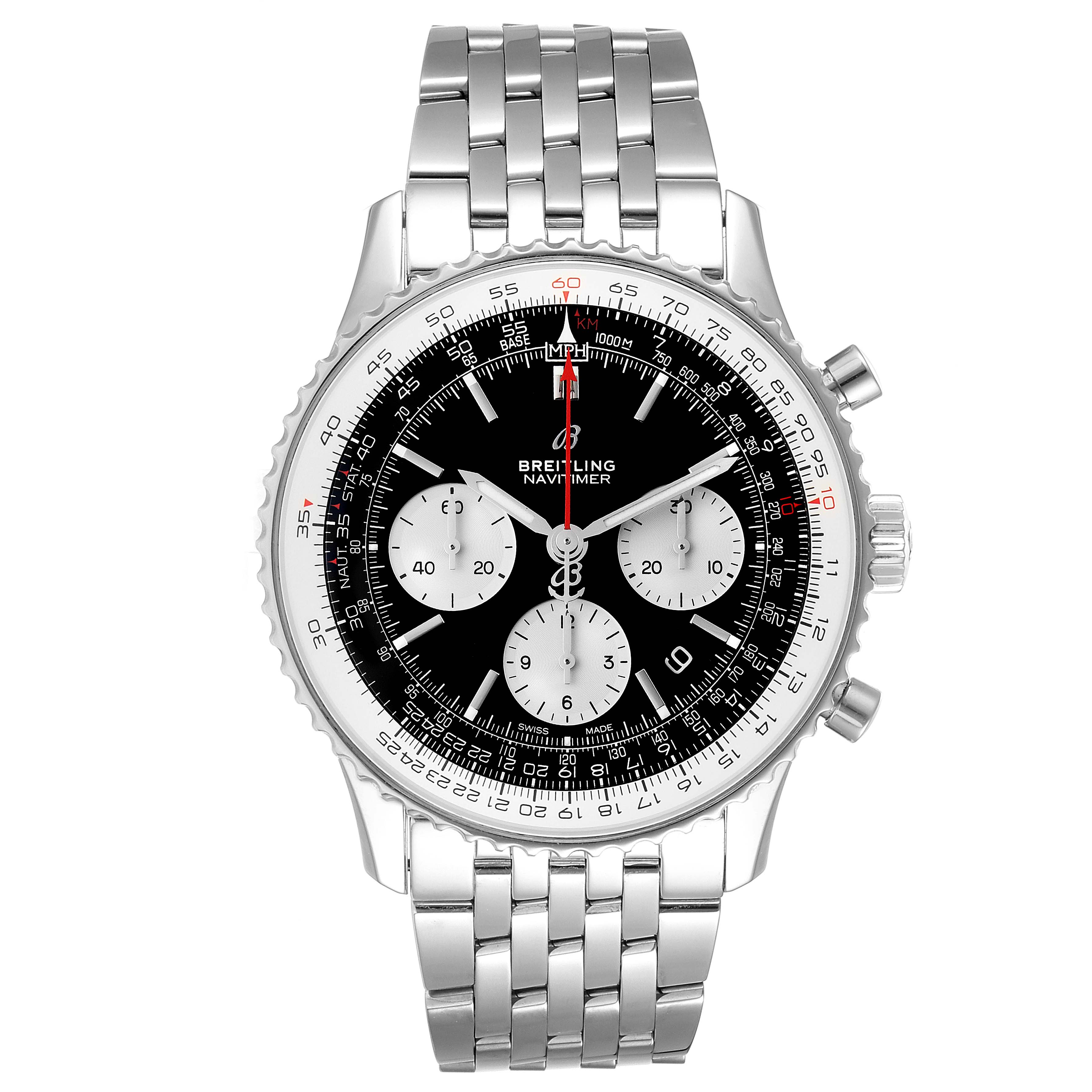 This Breitling Navitimer AB0121 Men
s Stainless Steel Black Dial AB0121 Men
s Stainless Steel Black Dial model watch is shown from a front angle, displaying its face, bezel, and bracelet clearly.